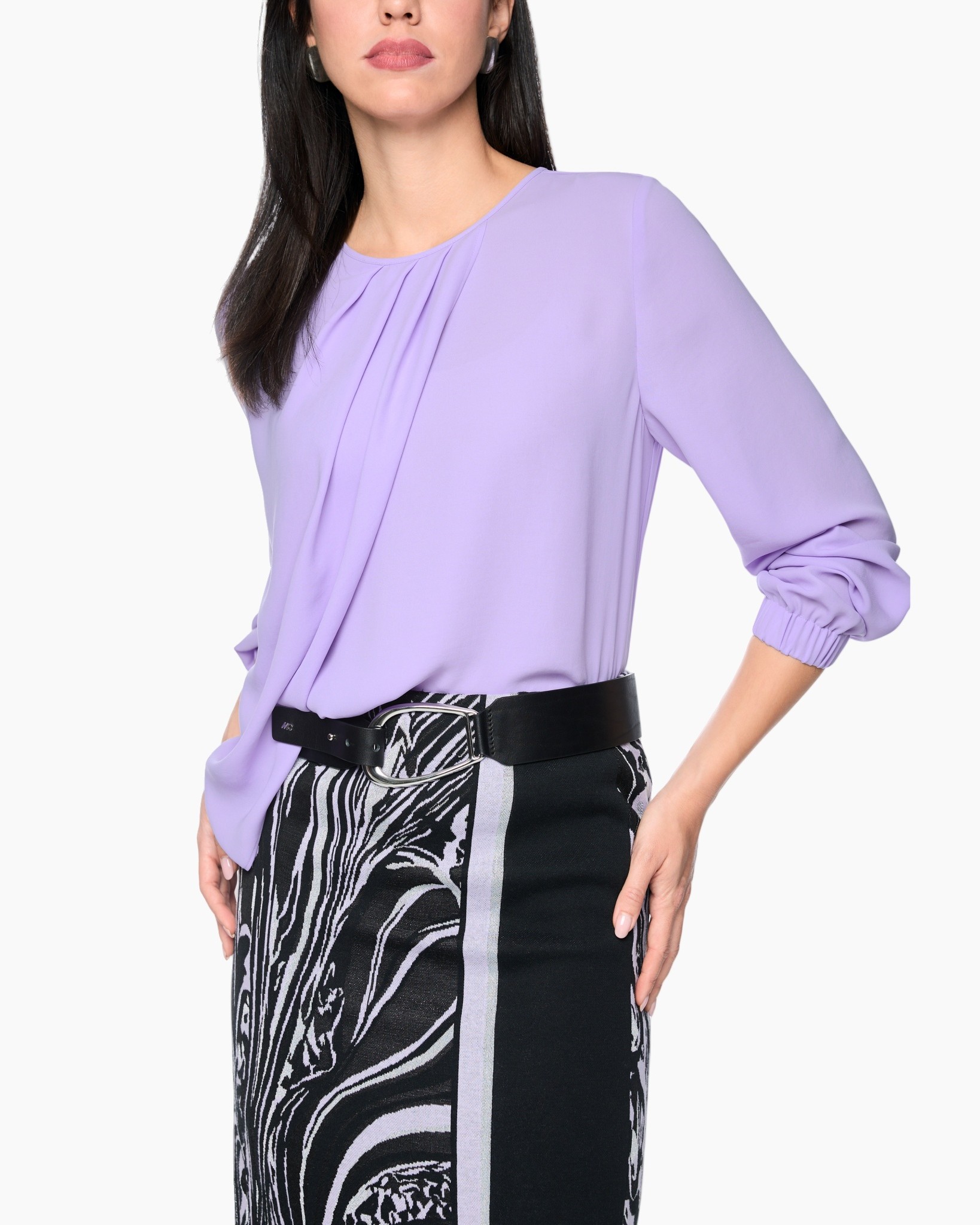 blouse, lavendel, lange mouw, plooien, riem