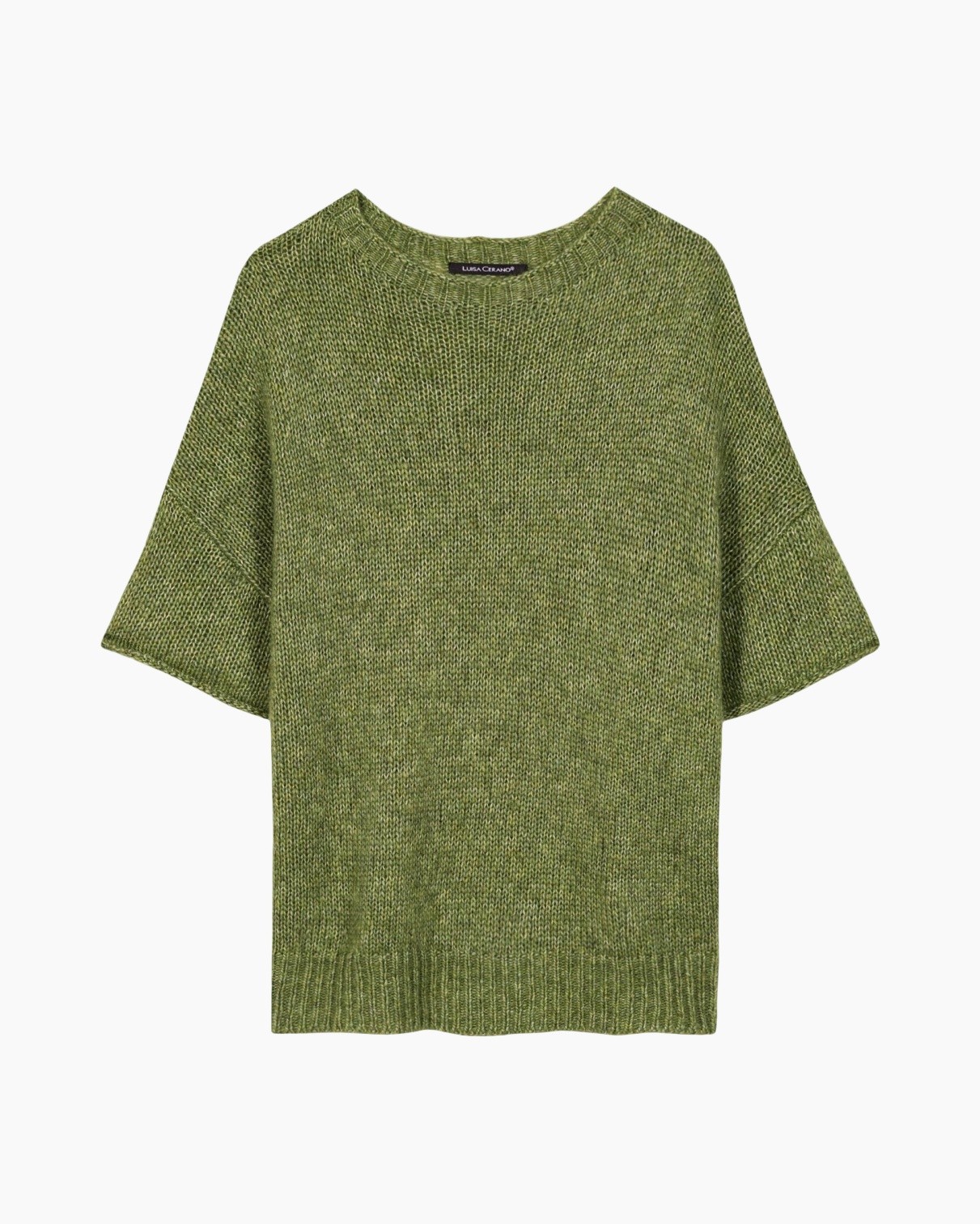 gebreide trui, groen, korte mouwen, oversized, kraagloze hals