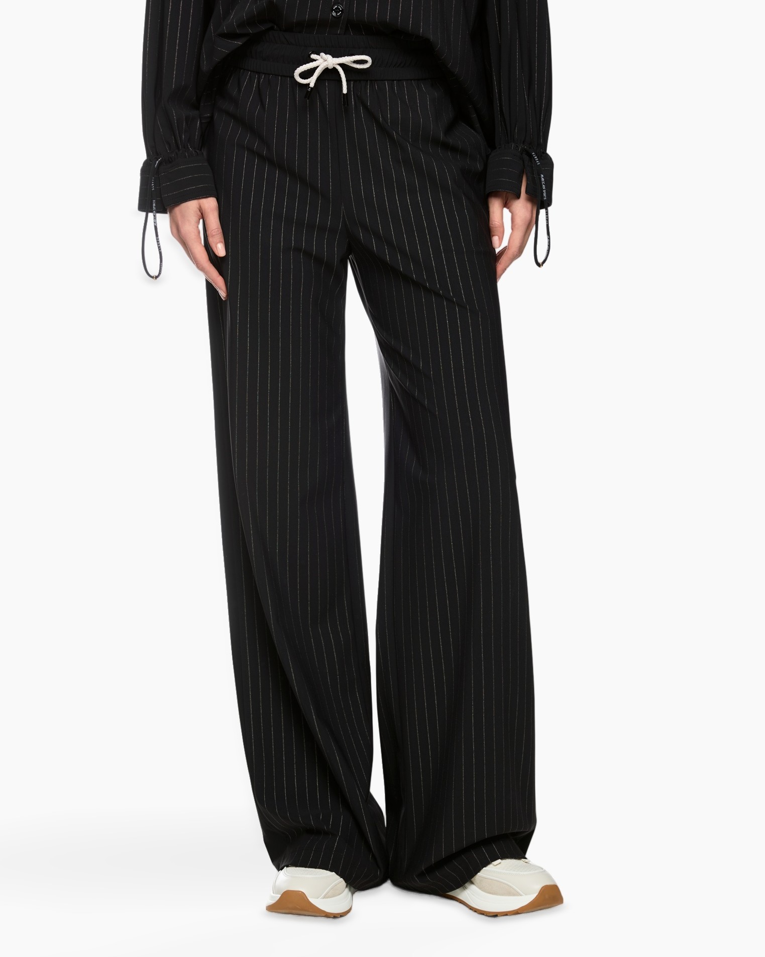 -pinstripe, -wide-leg, -broek, -trekkoord, -zwart