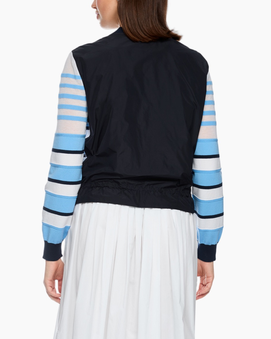 striped cardigan, blue stripes, button placket, crew neck, knit cardigan