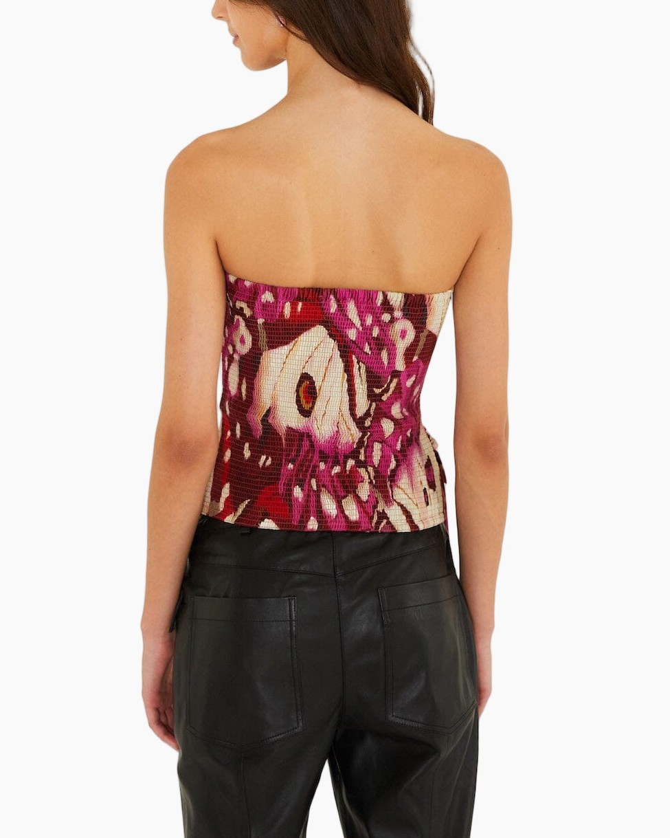 een-schouder, asymmetrie-top, ruffles, gedrukt, satijnachtige-stof
