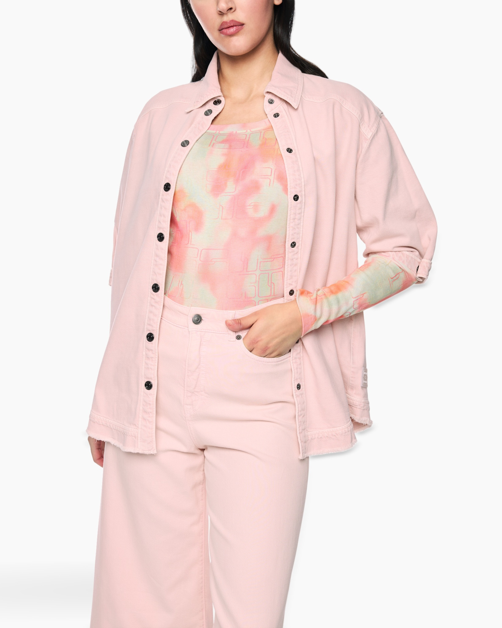 roze, denim, jas, buitenkleding, tie-dye