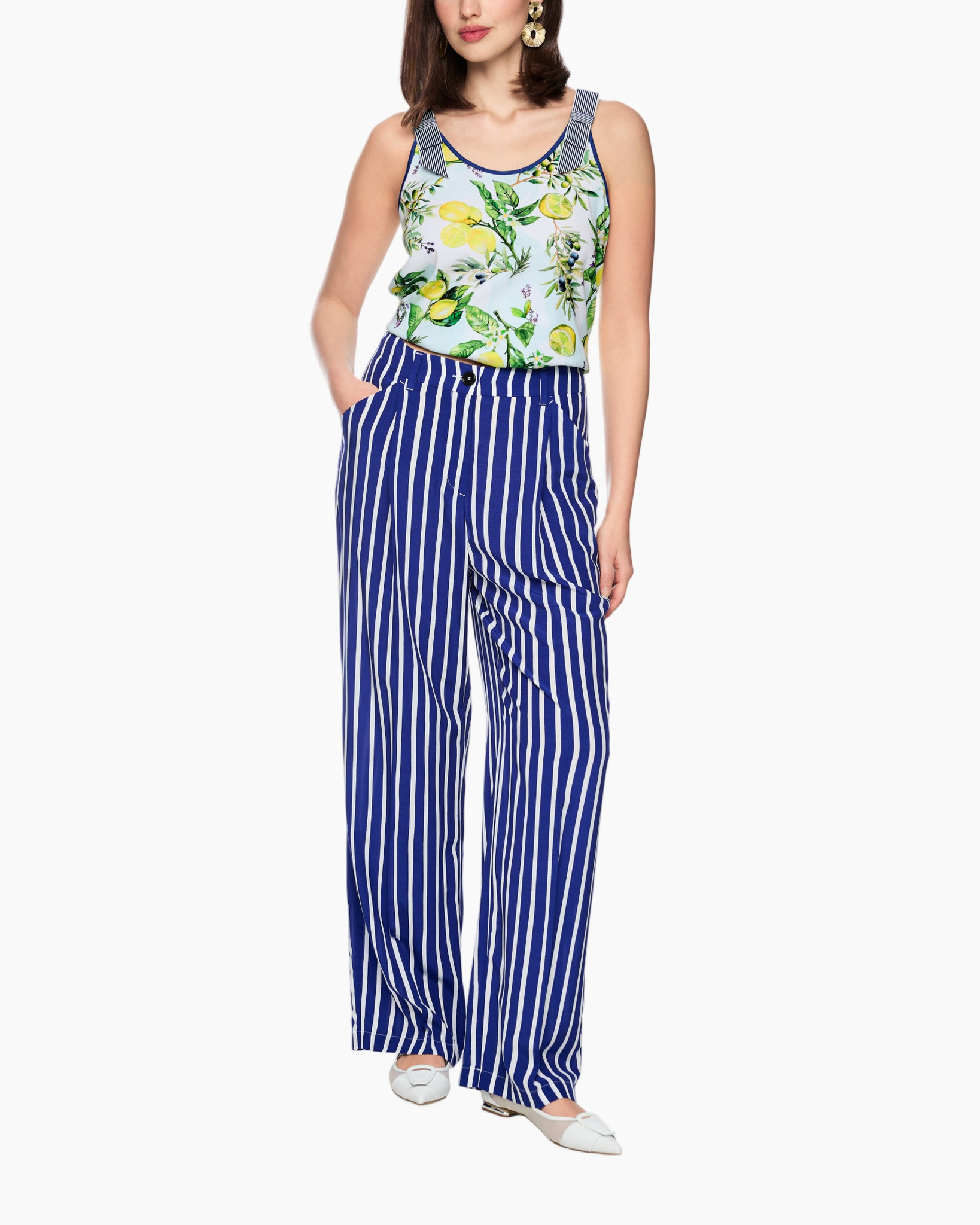 tank top, floral print, lemon pattern, wide-leg pants, striped trousers
