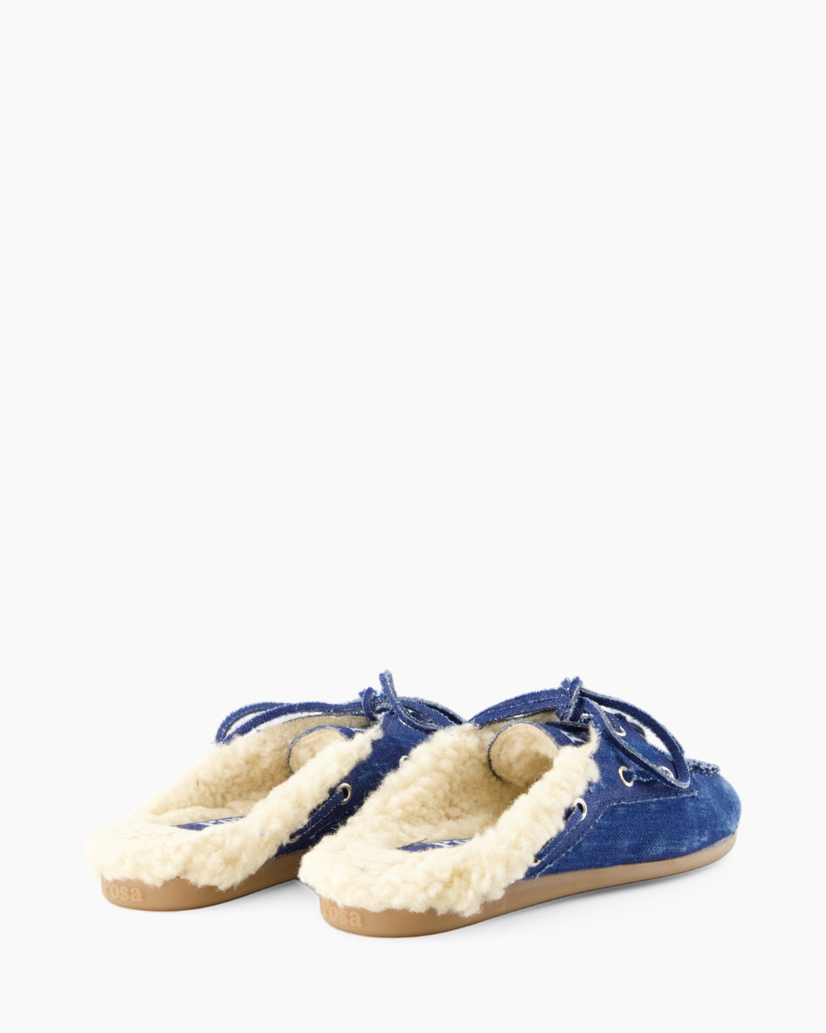 pantoffels, blauwe denim, voering van imitatiebont, vetersluiting, rubberen zool