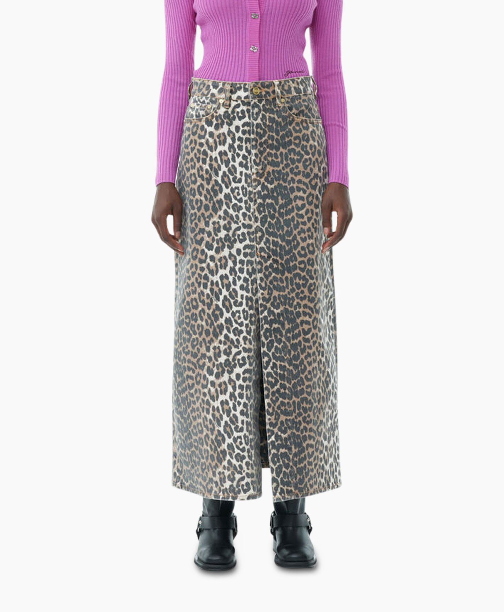 Midi Rok Print Denim Maxi Slit Bruin