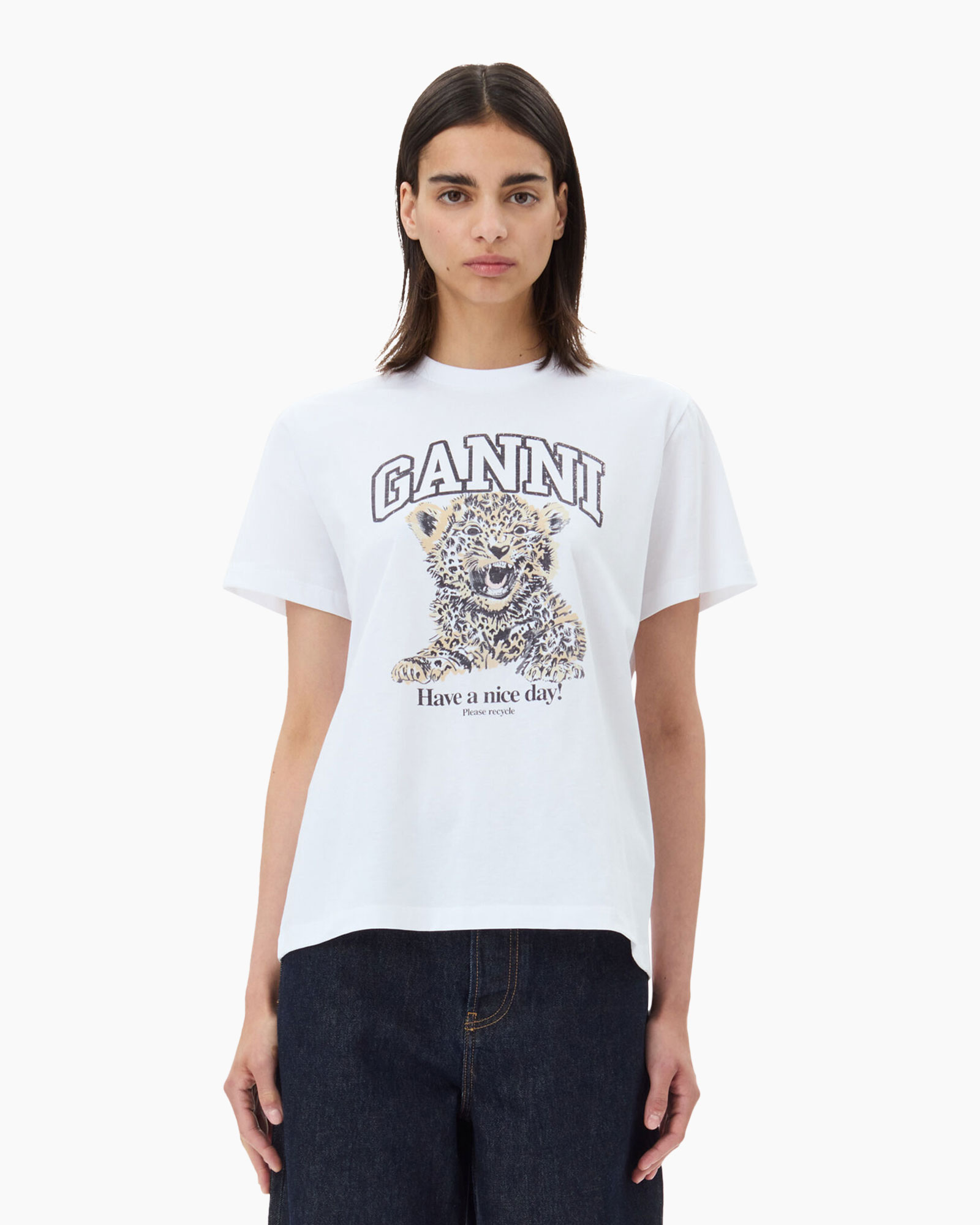 T-shirt Korte Mouw Basic Jersey Leopard Relaxed Wit