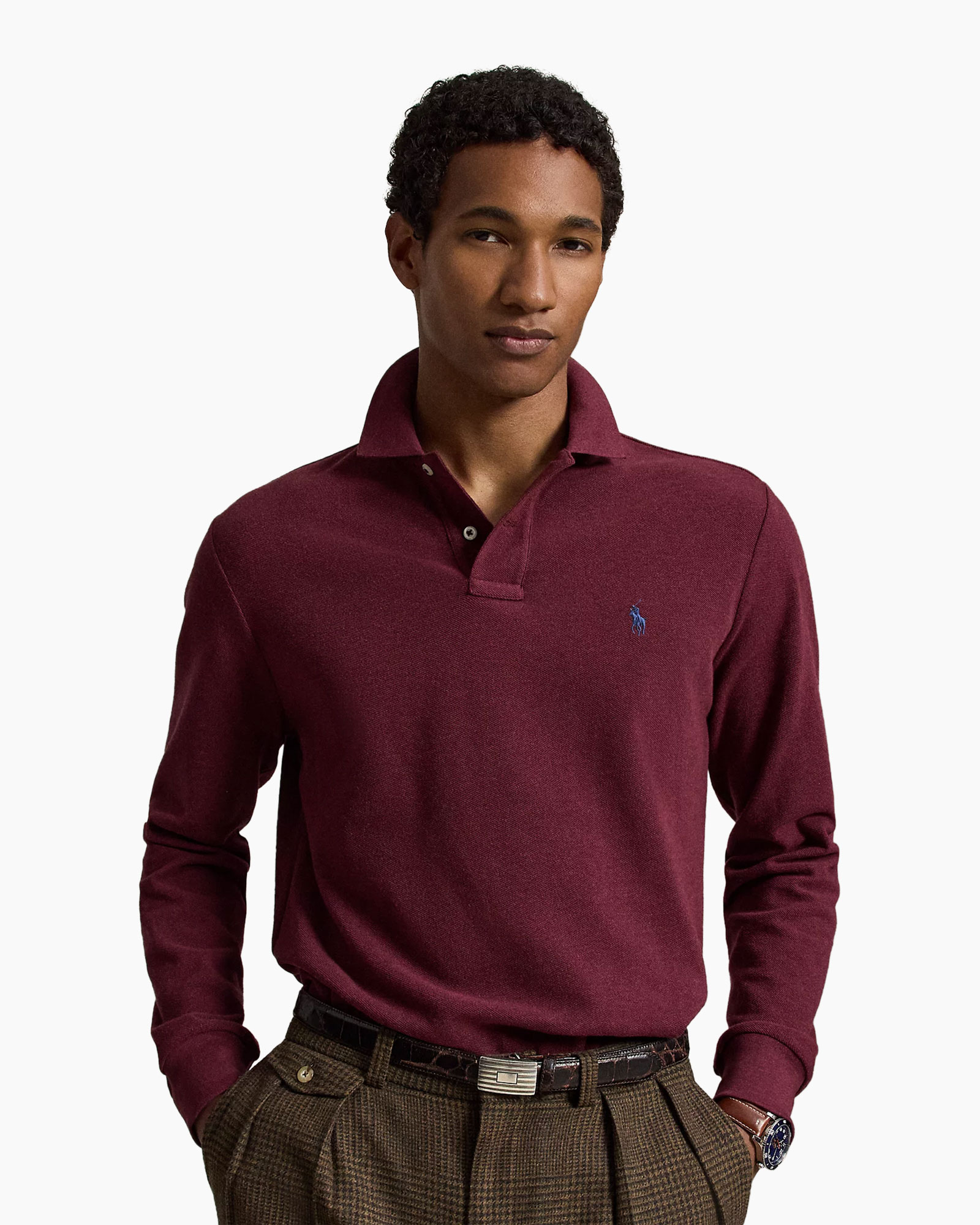 polo shirt, lange mouwen polo, maroon, breipolo, klein logo