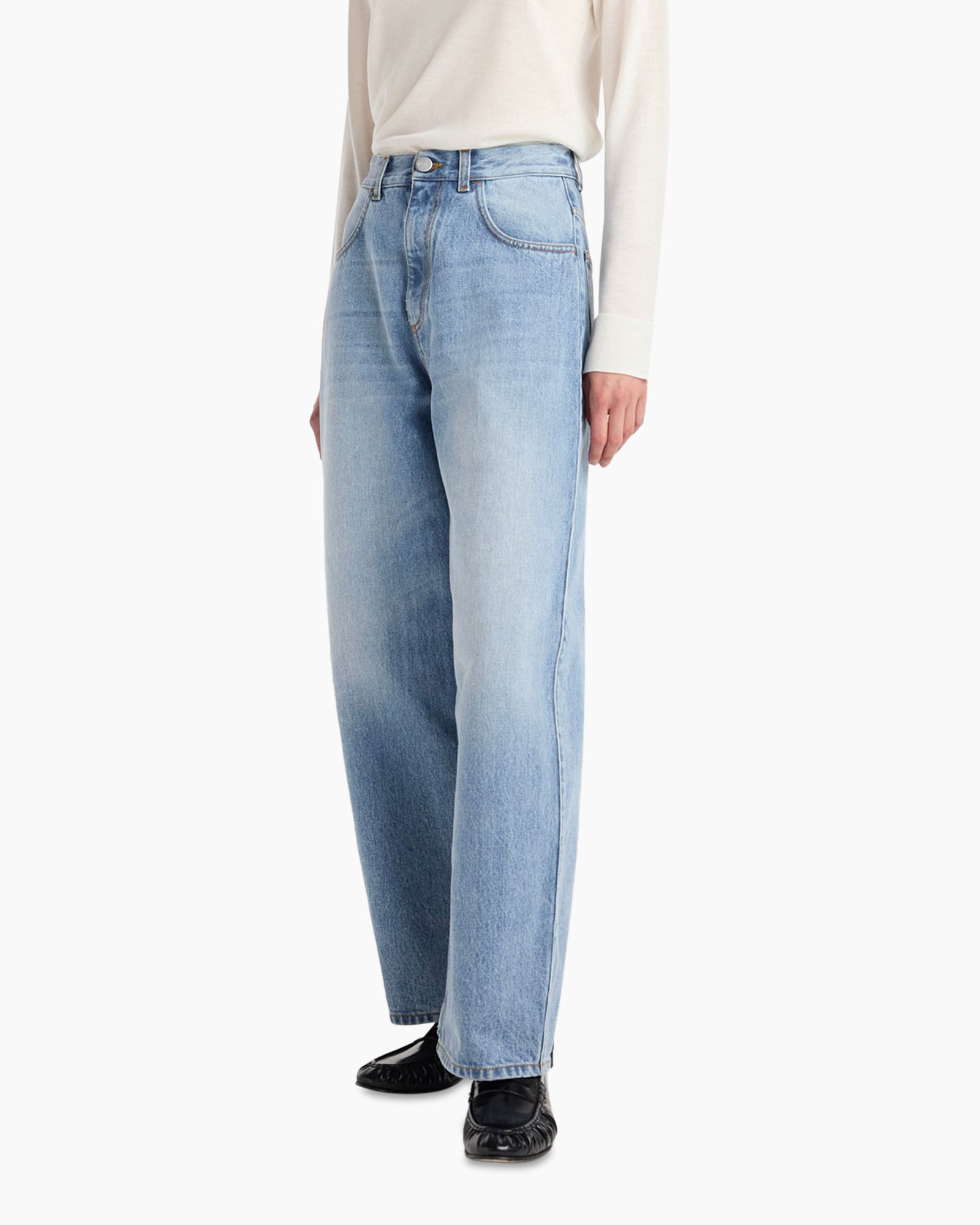 broeken, wijd uitlopend, blauw, denim, hoog taille