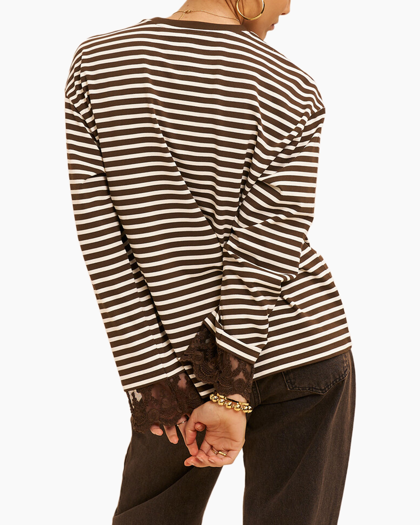 gebreide top met strepen, lange mouwen, bruin-wit, kantboord manchetten, casual pasvorm