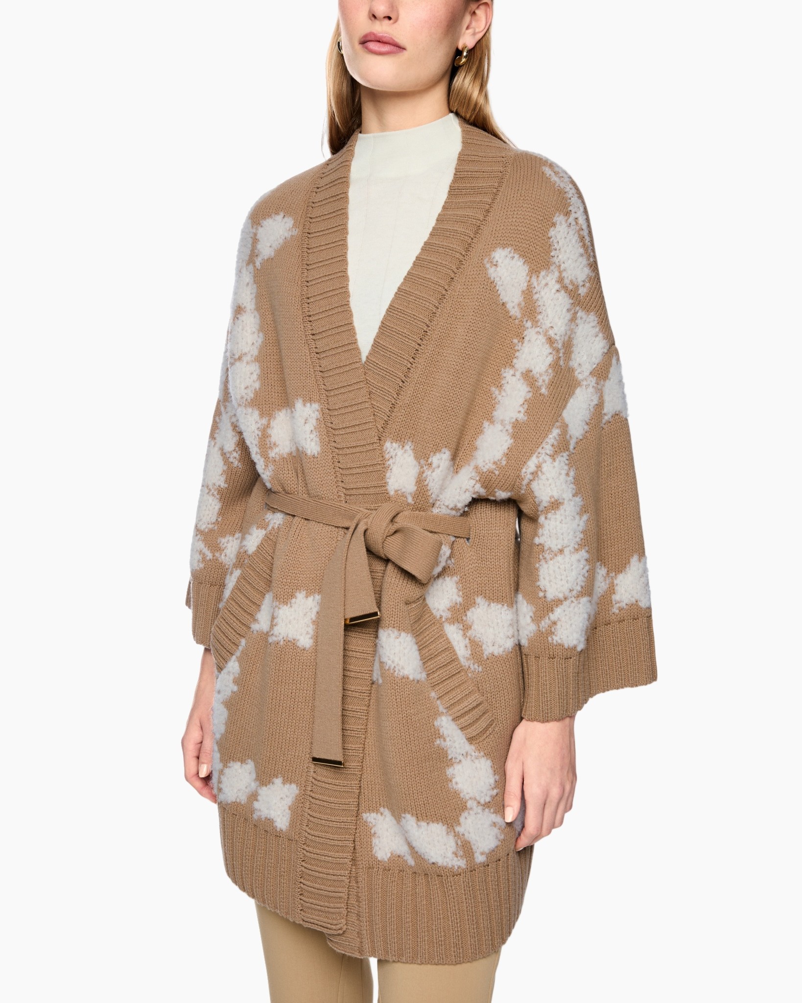 cardigan, riem, gebreide, camelkleur, wolkenpatroon