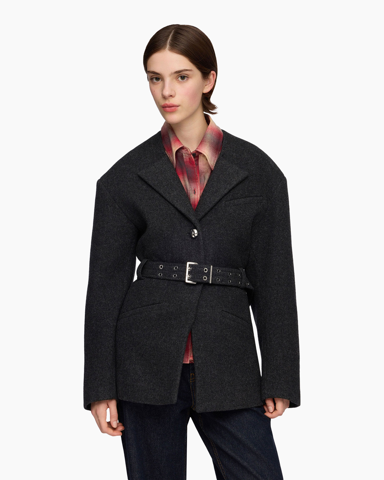 jas, riem, geruit plaid, donkergrijs, buitenkleding