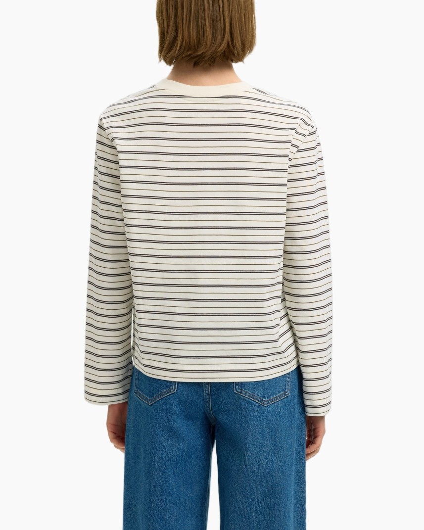 gestreept, lange mouw, ronde hals, jeans, top