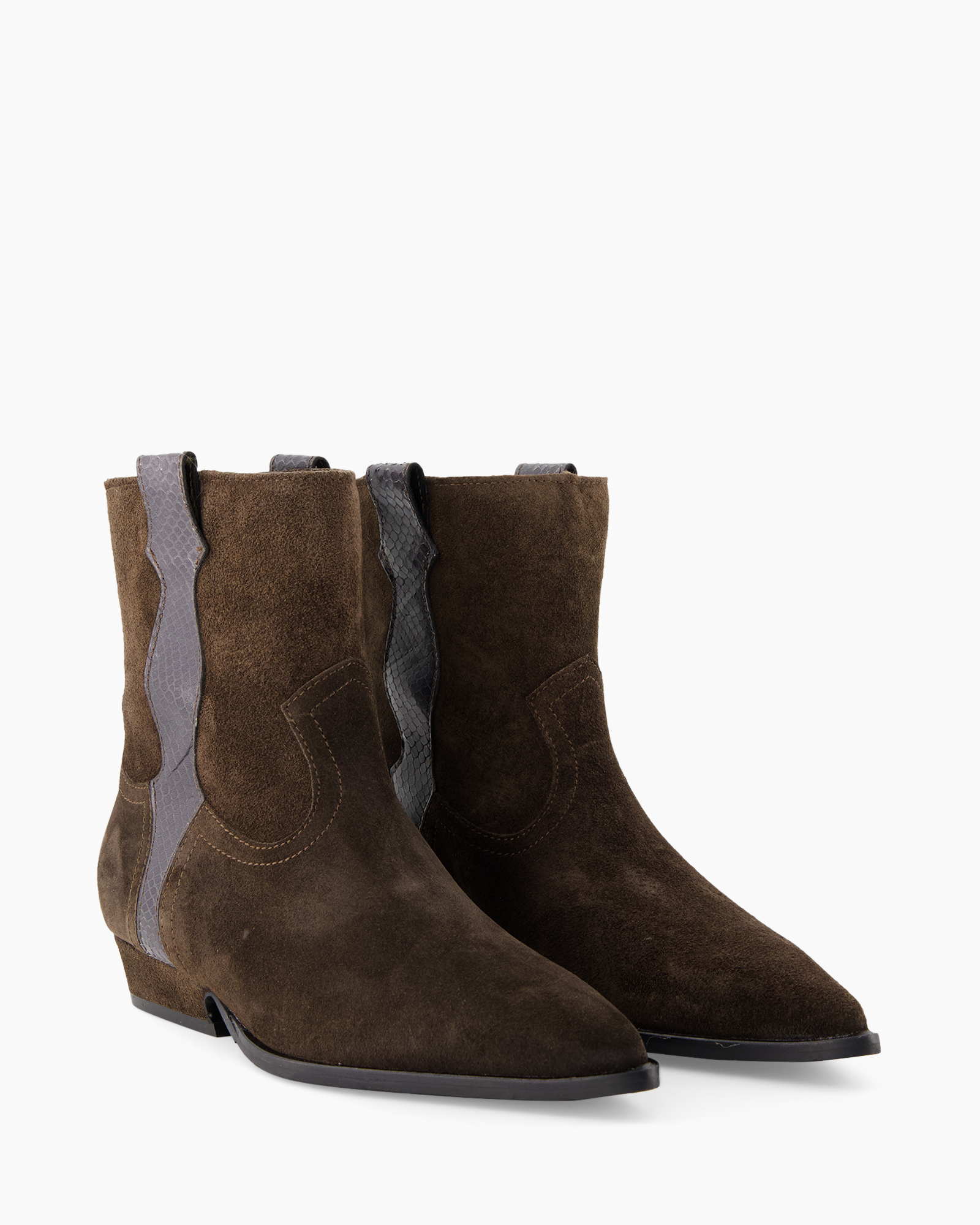 enkellaars, suède, bruin, western stijl, middelhoge hak