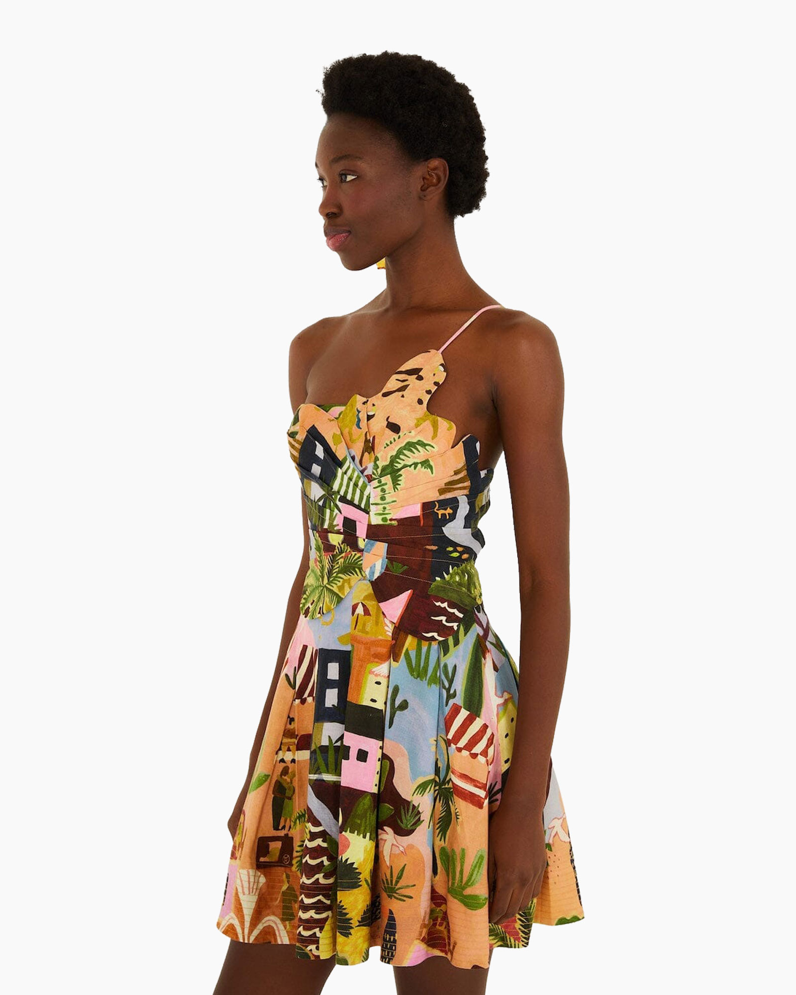 jurk, zonnescherm, spaghetti-strap, gedrukte patroon, veelkleurig