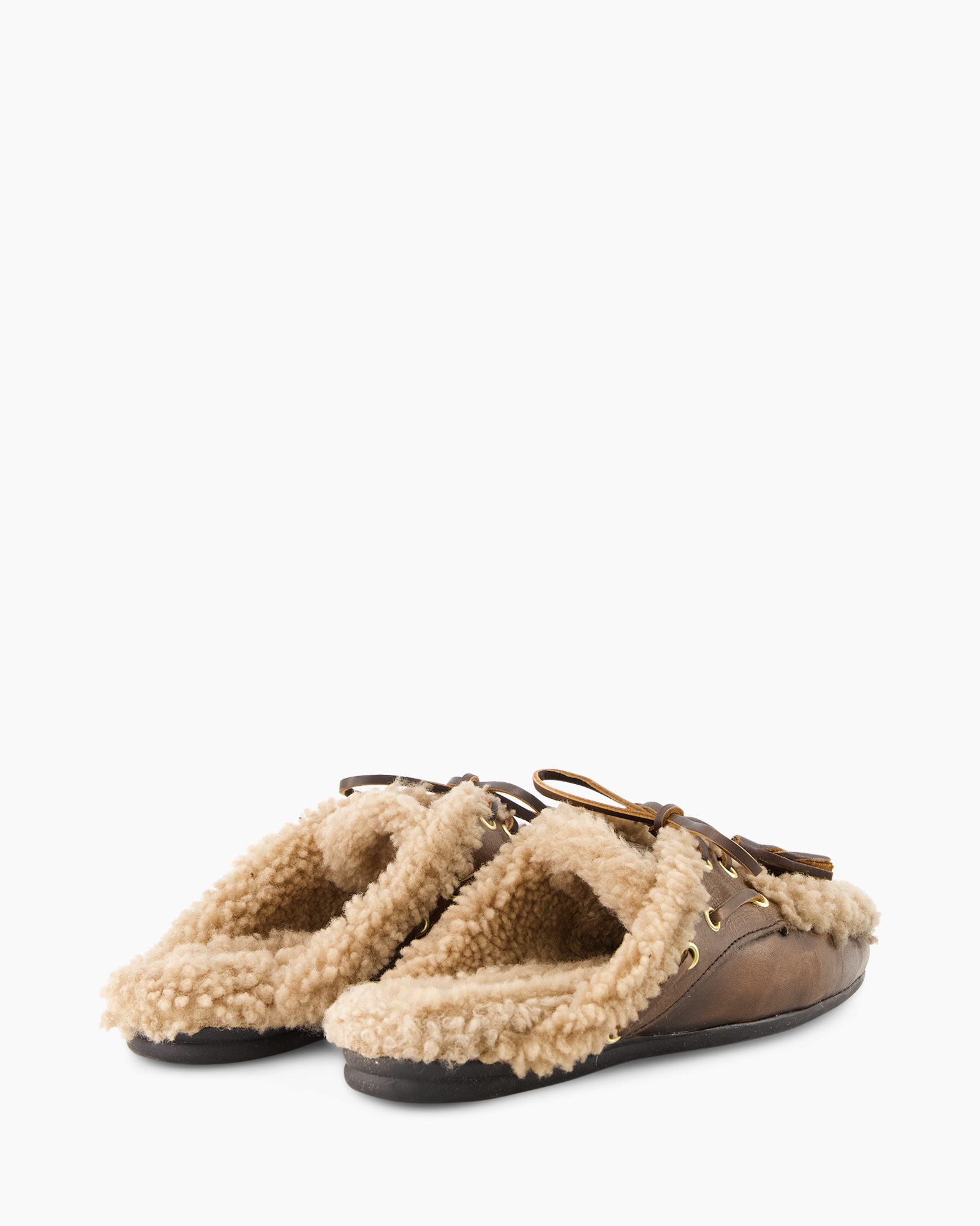 moccasins, pantoffels, shearling, bruin, leer