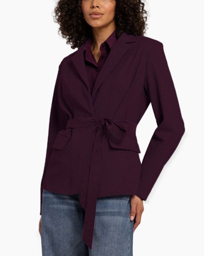 blazer, wrap, touwriem, kraag, burgundy