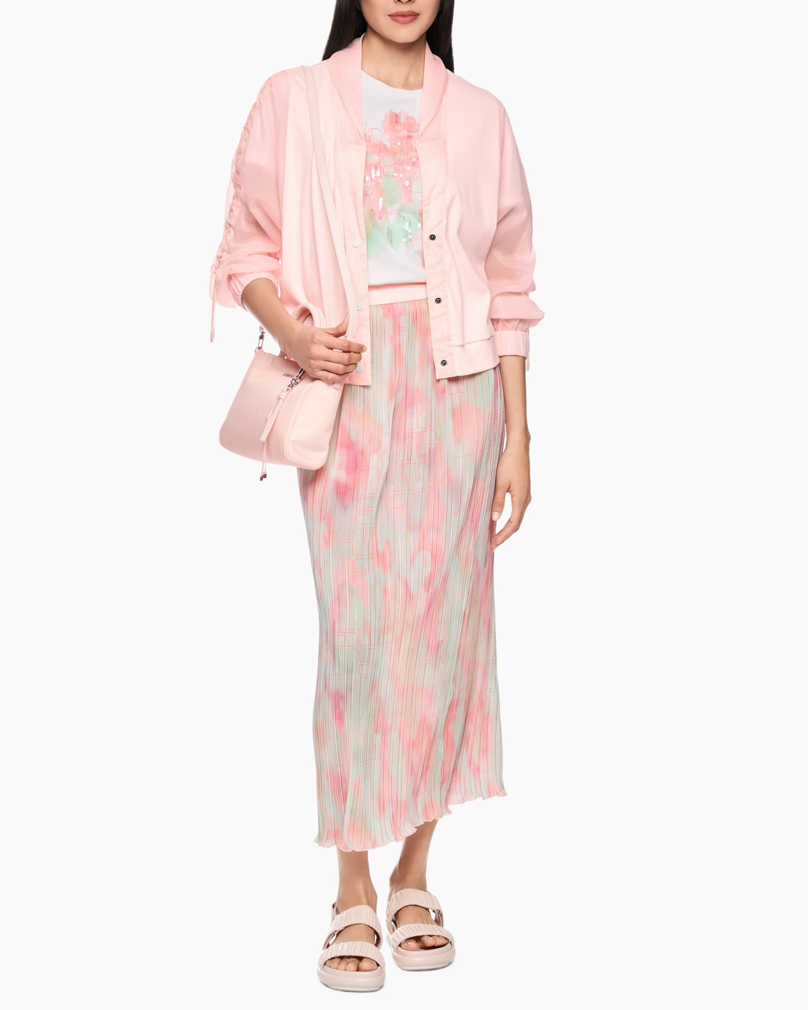 pink, blazer, skirt, tie-dye, sandals