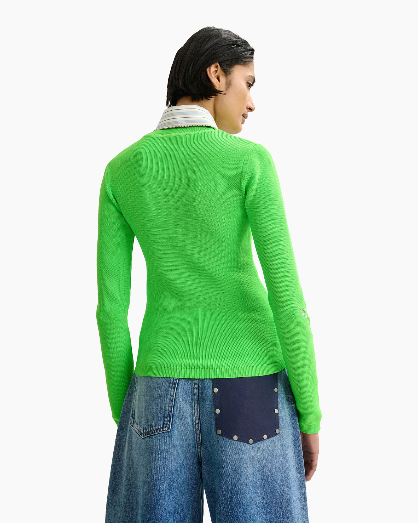 groene trui, borduursels, kraagtop, geribde gebreide stof, lange mouwen