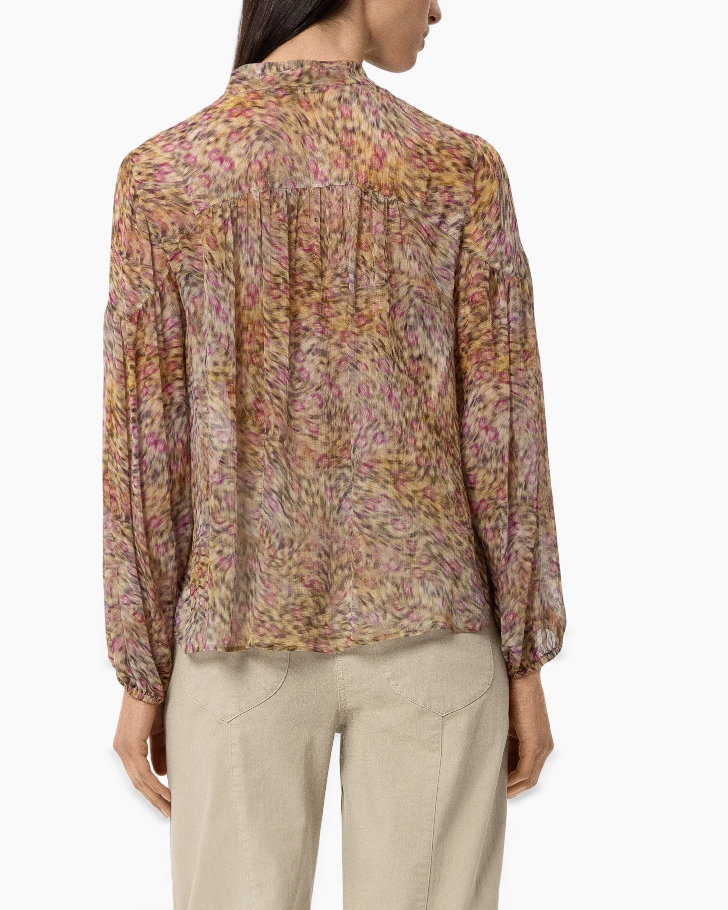 blouse, patroon ikat, lange mouwen, doorschijnend, striksluiting