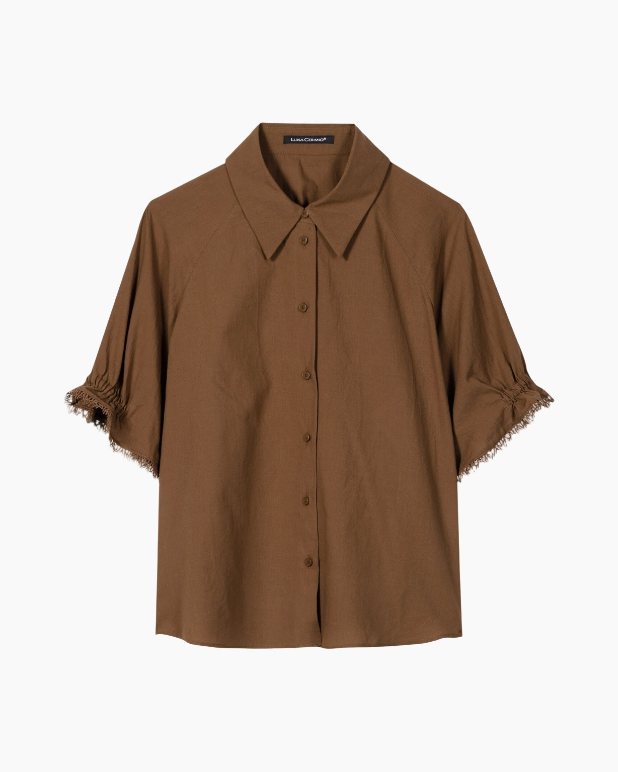 hemd, knopen, bruin, korte-mouw, kraag