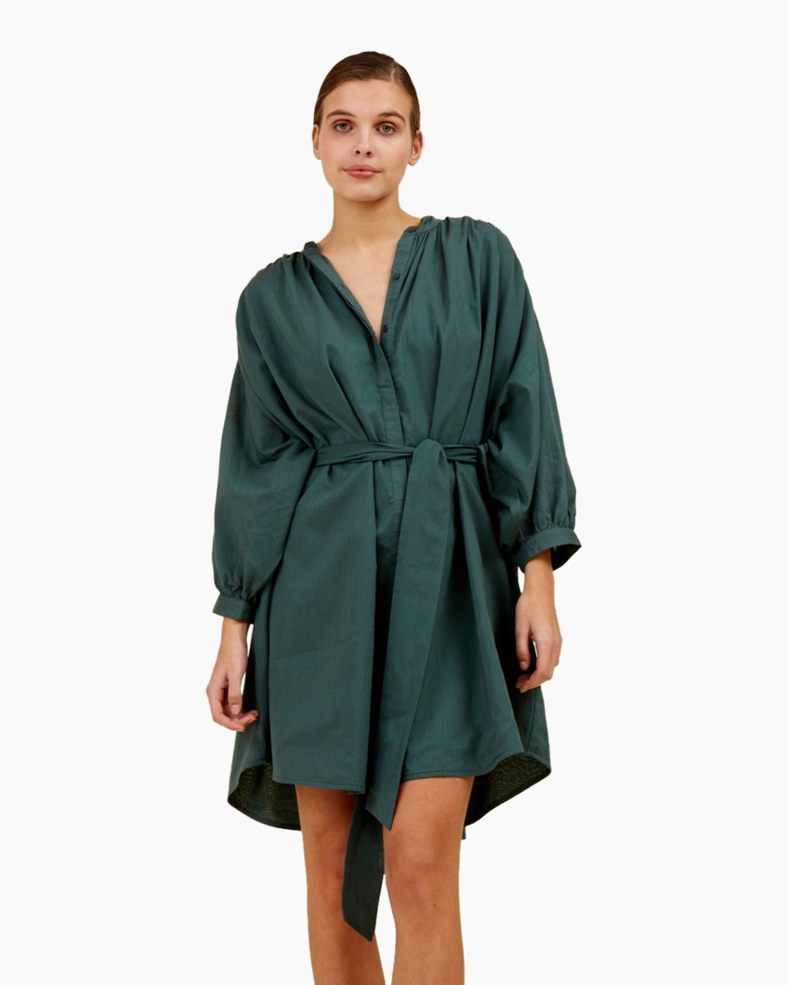 jurk, overslag-kleding, groen, riemtaille, lange-mouwen