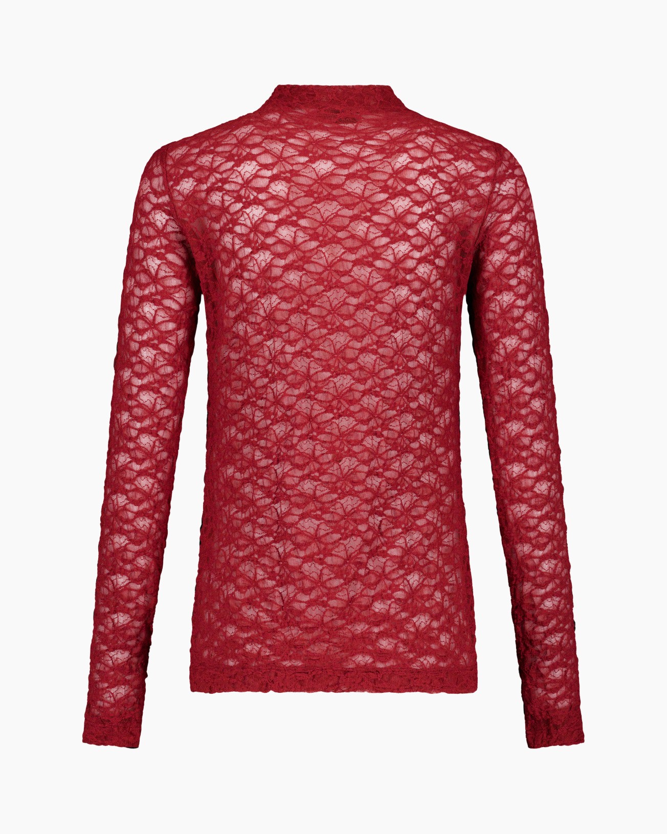 top lace, rood top, lange mouwen, hoge hals, doorzichtig materiaal