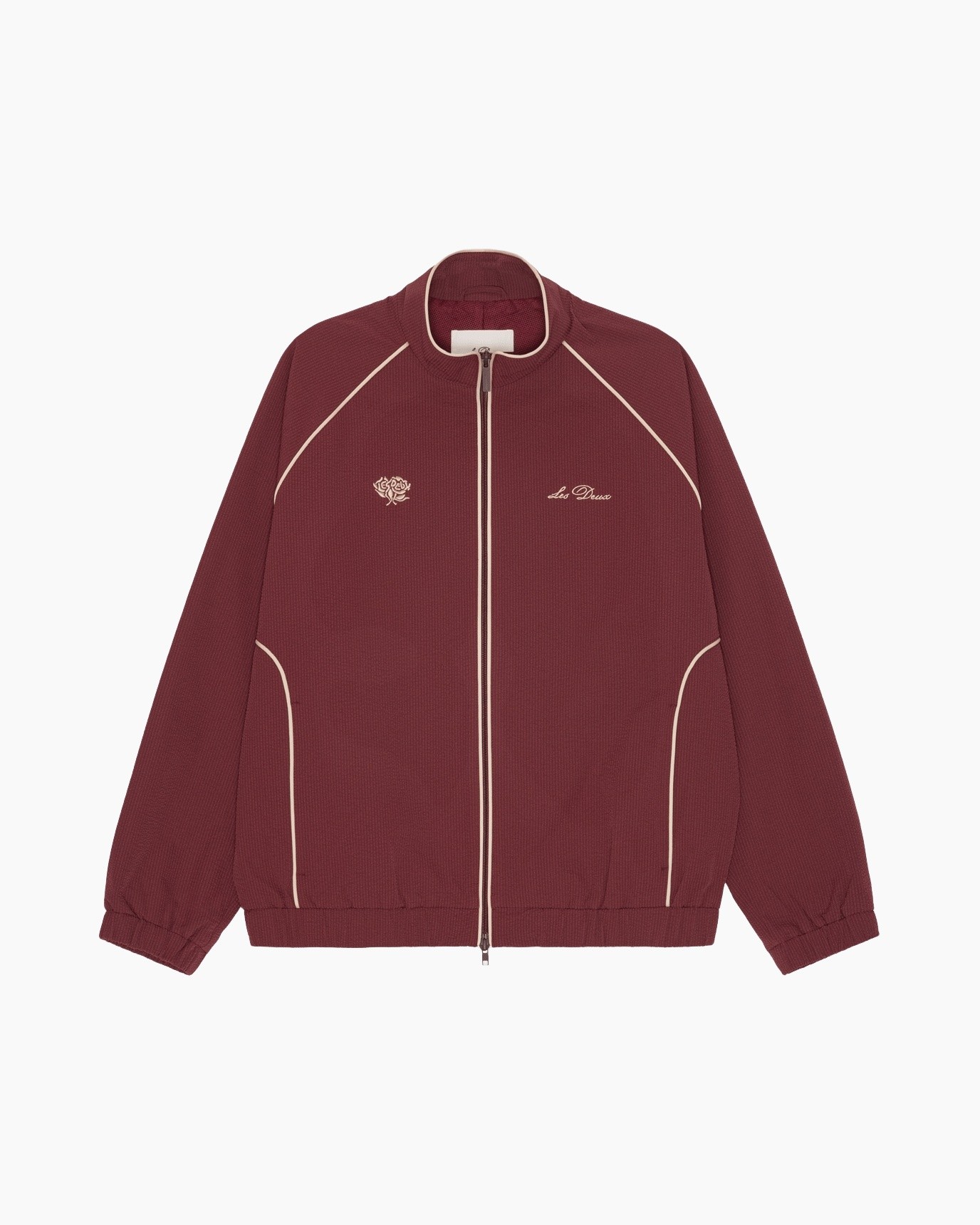 jas, rits, bordeaux, kraag+ritssluiting?, contrast stiksels