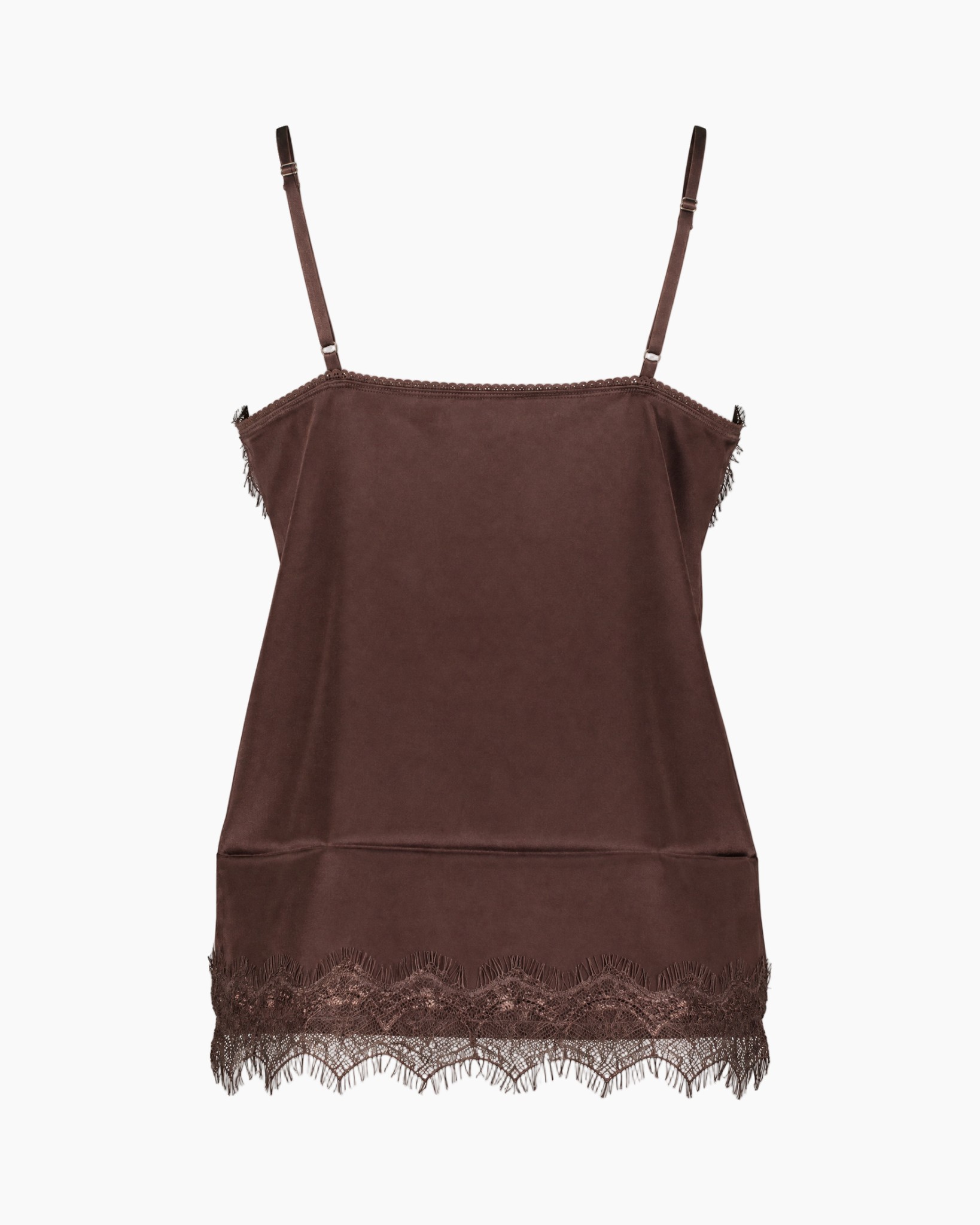 satijn top, slip, kantstrook, v-hals, bruin