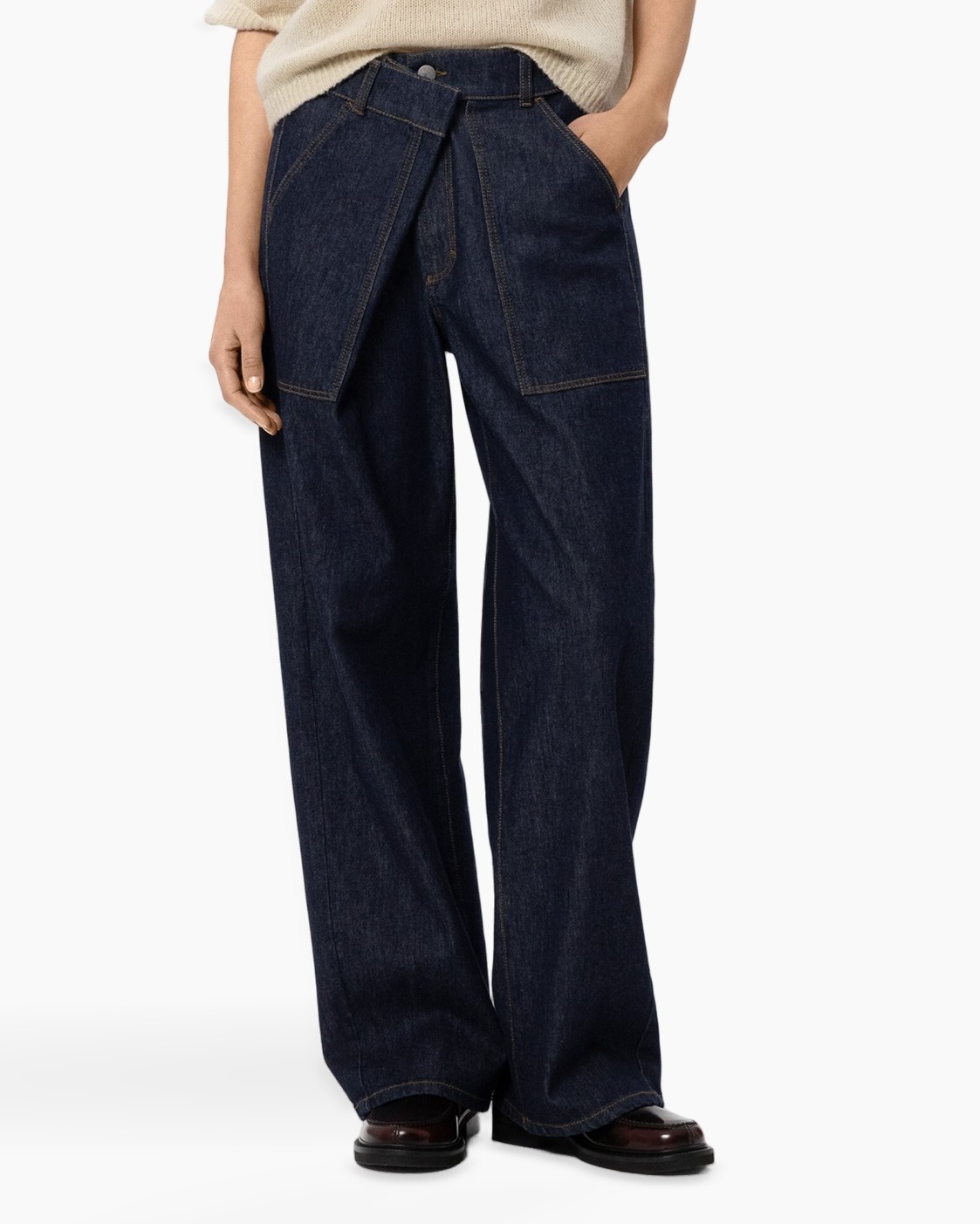 denim, broeken, spijkerbroek, wijd uitlopend, zakken