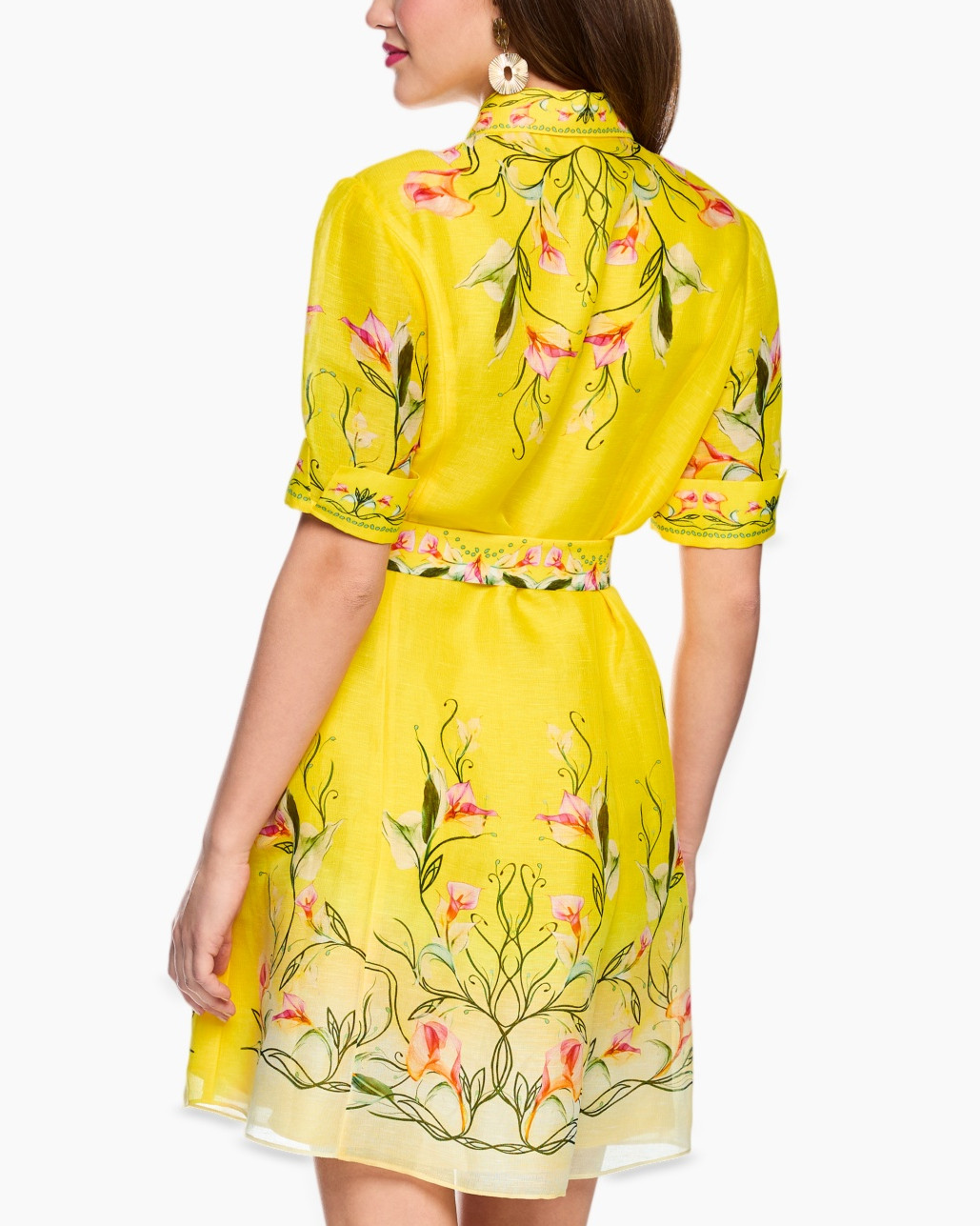 dress, yellow, floral, belt, collared
