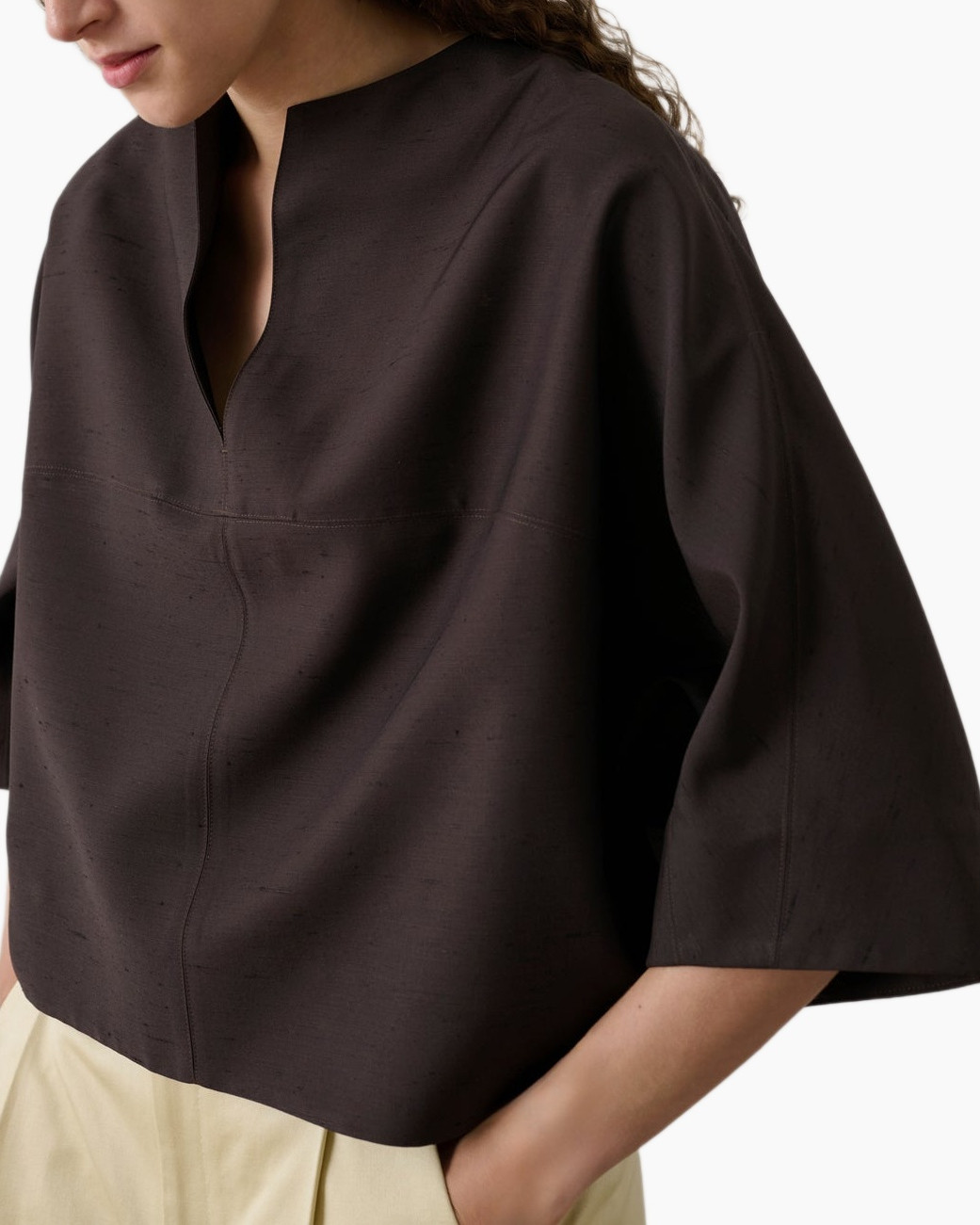 top, blouse, donkerbruin, linnen-achtig, halve mouw