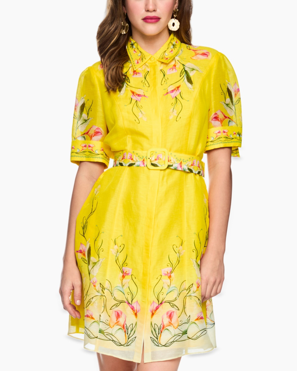 dress, yellow, floral, belt, collared