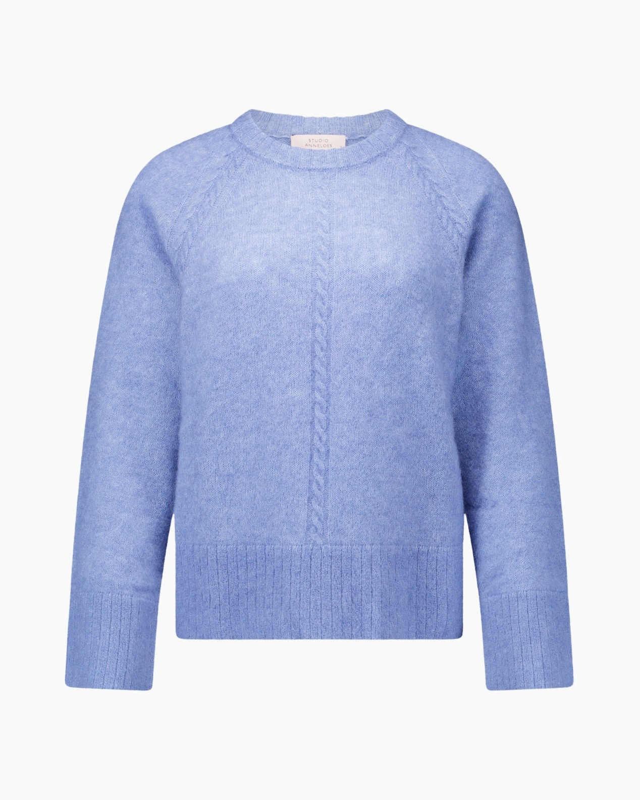 trui, breipatroon, rond hals, blauw, kabelpatroon