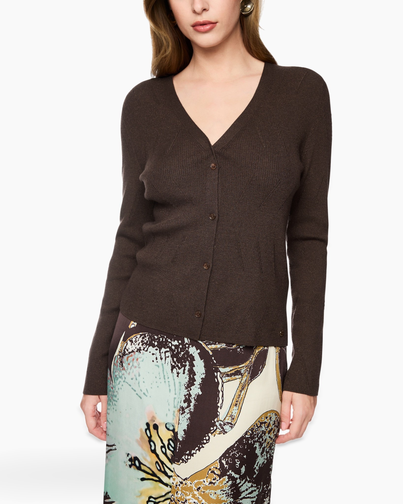 veste, bruin, v-hals, lange mouwen, breiwerk