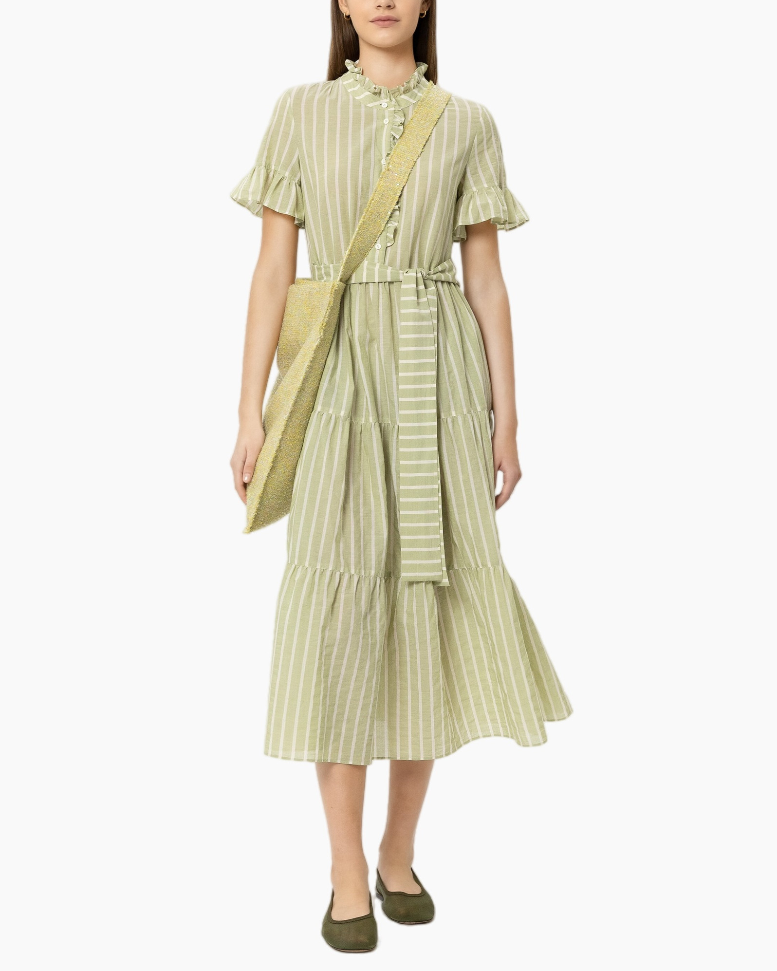 jurk, linnen, groen, gestreept, middellang