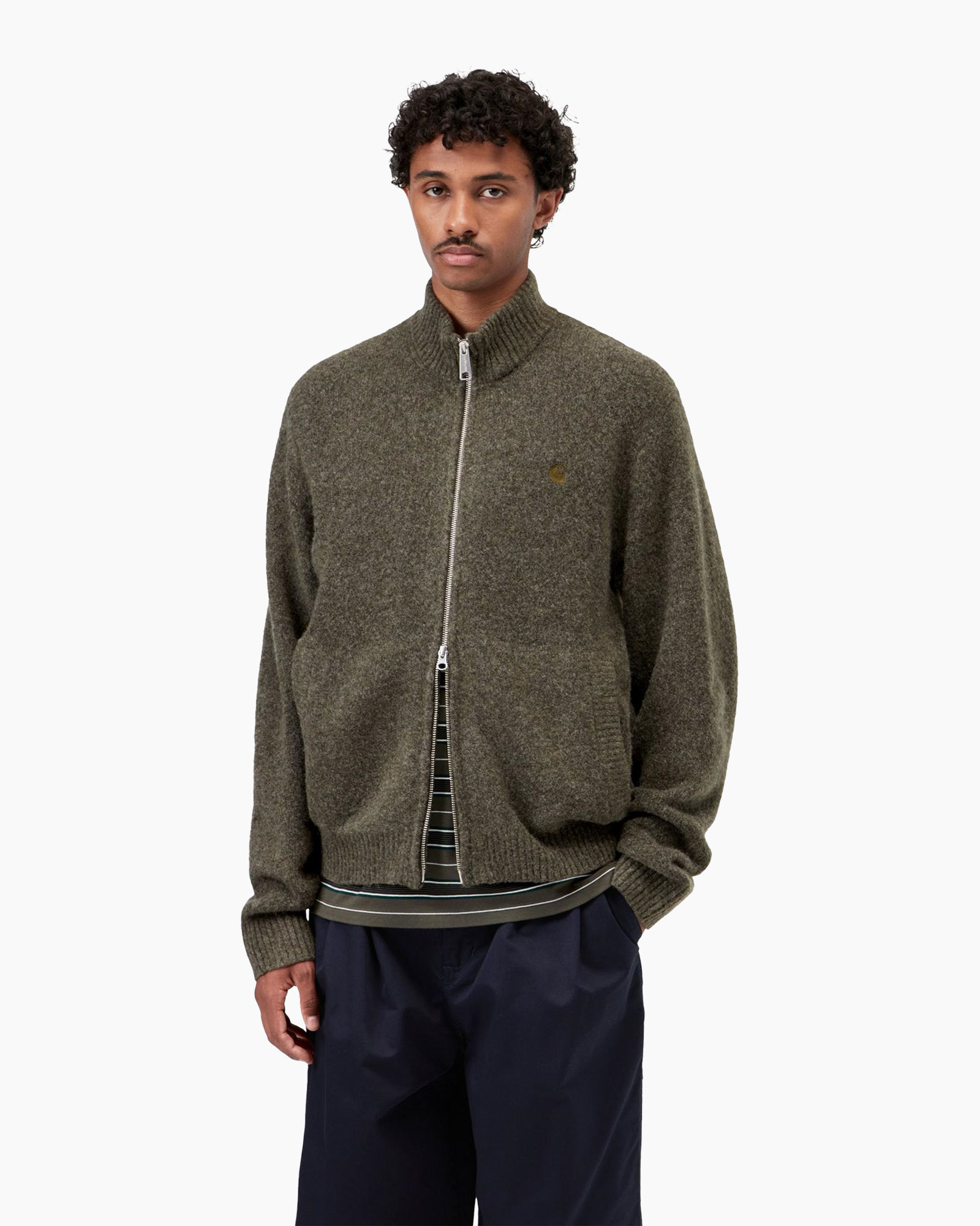 Rits, cardigan, brei, olijf, jas