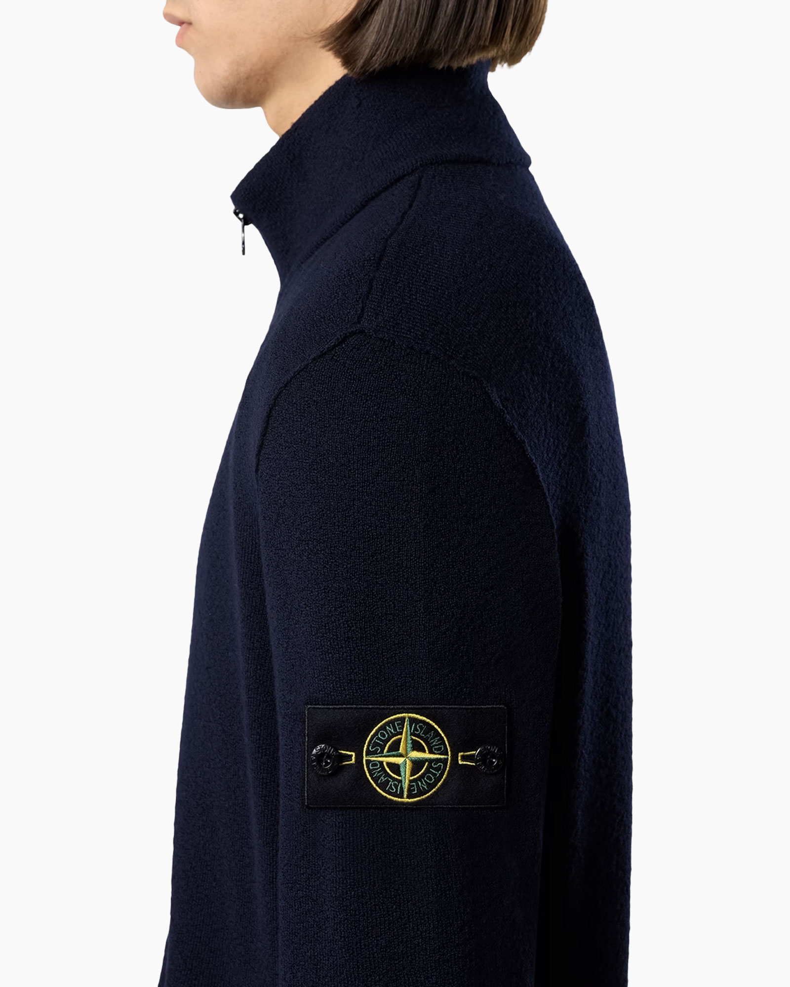 navy fleece, staand kraag, patch badge, lange mouw, casual buitenlaag