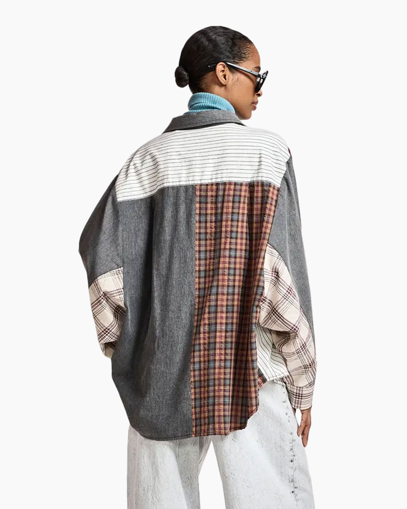 hemd, patchwork, ruitpatroon, denim, oversized