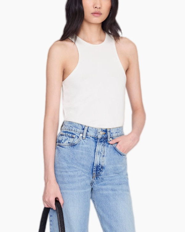 tanktop, witte top, mouwenloos, rondhals, hoog taille jeans