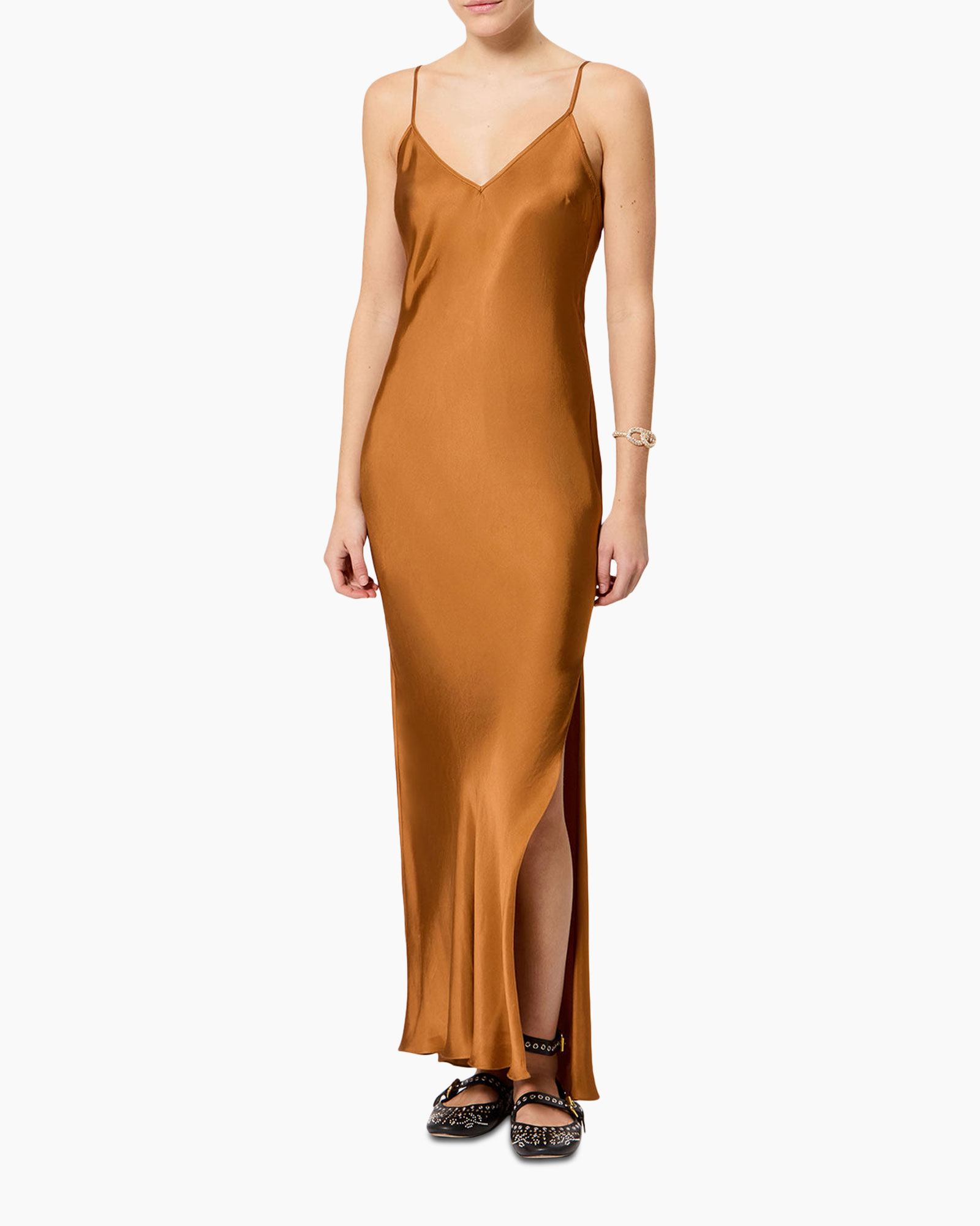 satijn, slipjurk, maxi jurk, spaghettibandjes, camel kleur