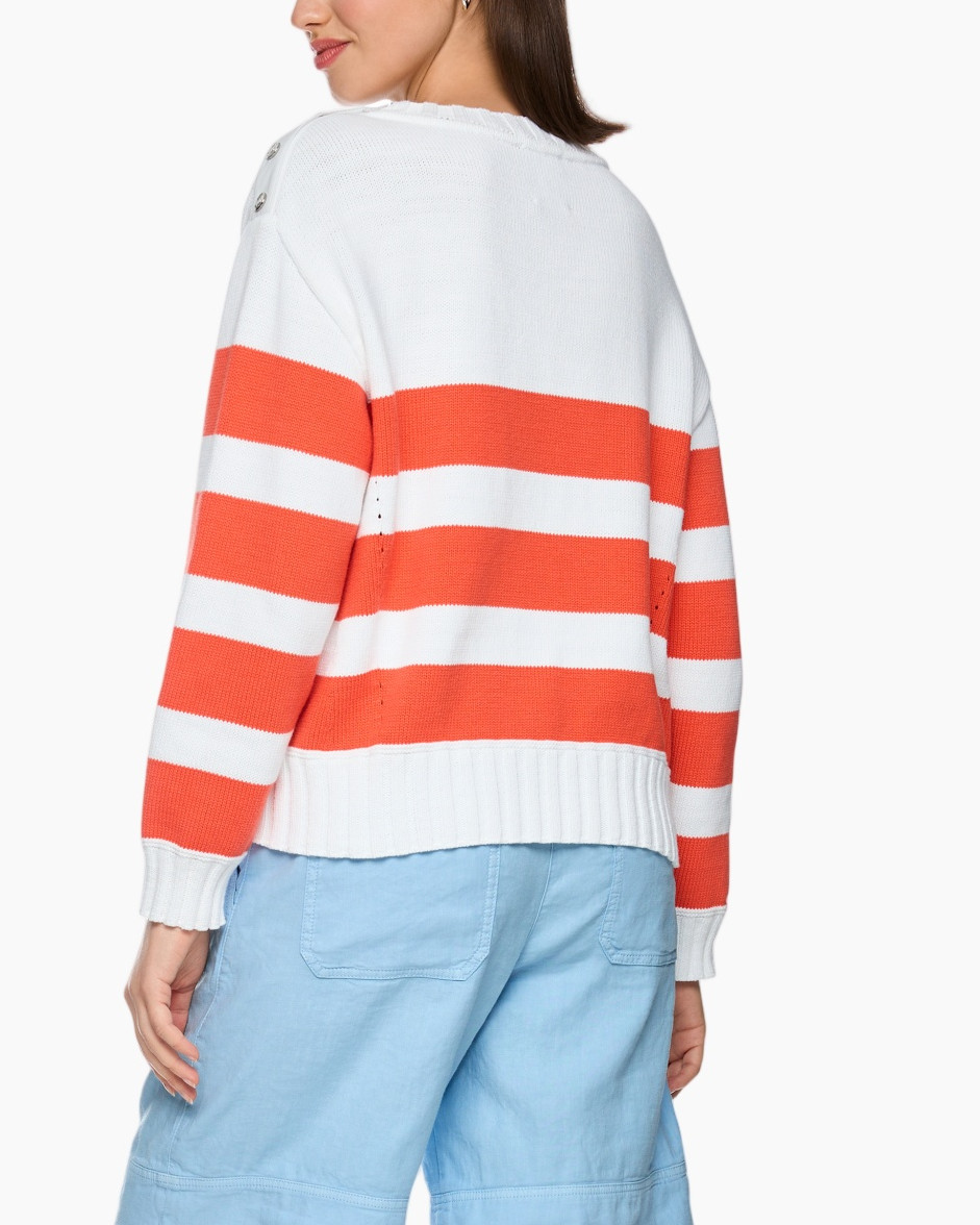 sweater met strepen, oranje strepen, witte brei, rond hals, knopschouders detail