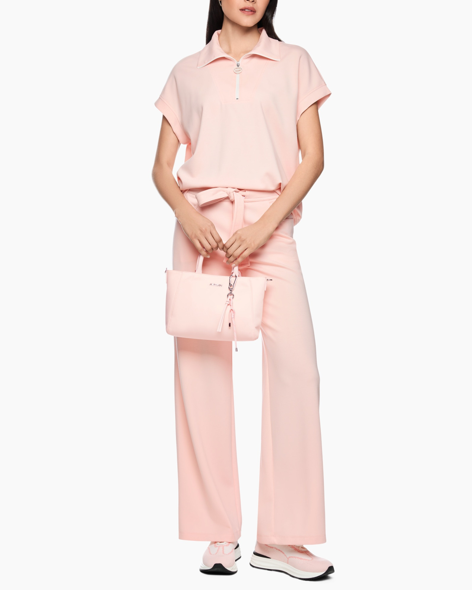 pink, jumpsuit, polo top, tote bag, wide-leg pants