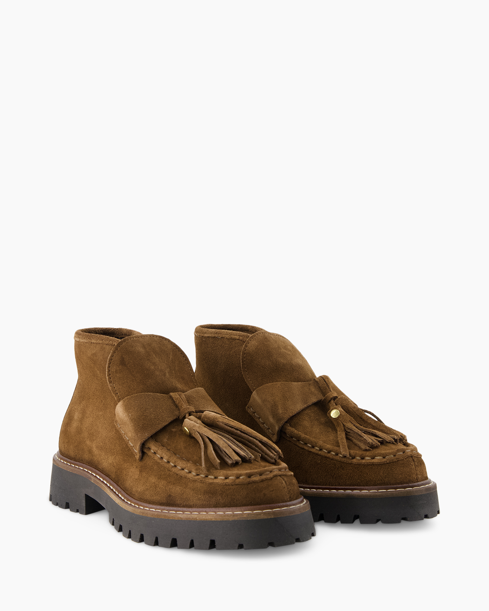 ankle boots, suede bruin, tassel loafers, chunky sole, moccasin stijl