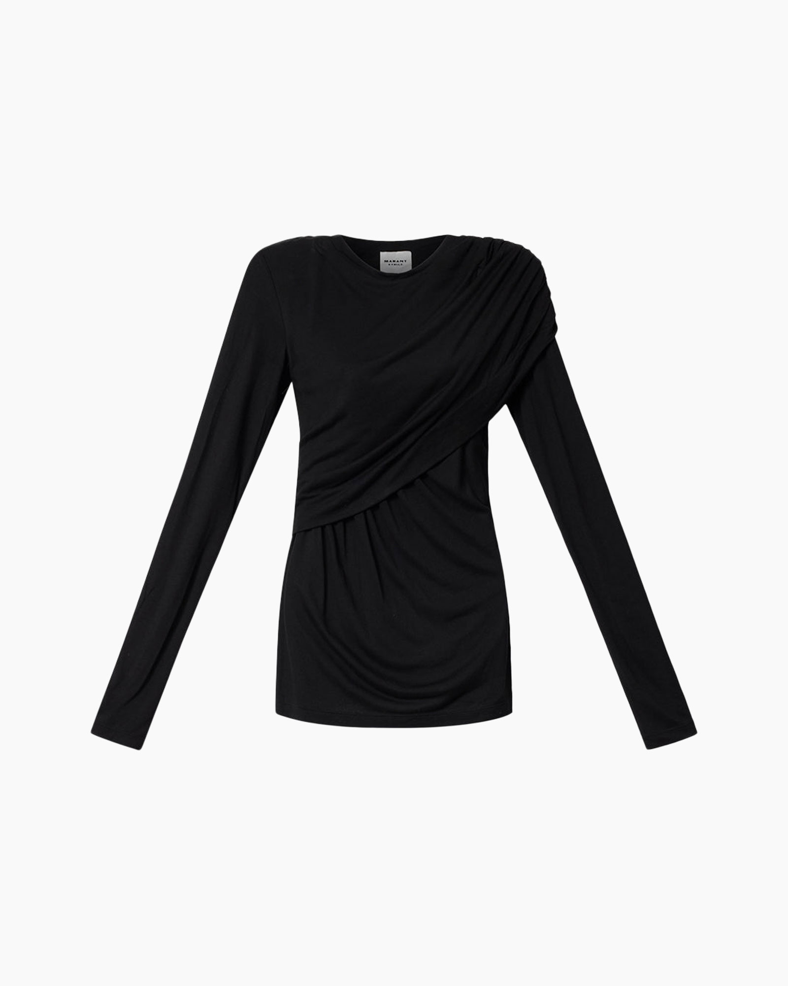 top, zwart, lange mouwen, geringde, asymmetrische stof