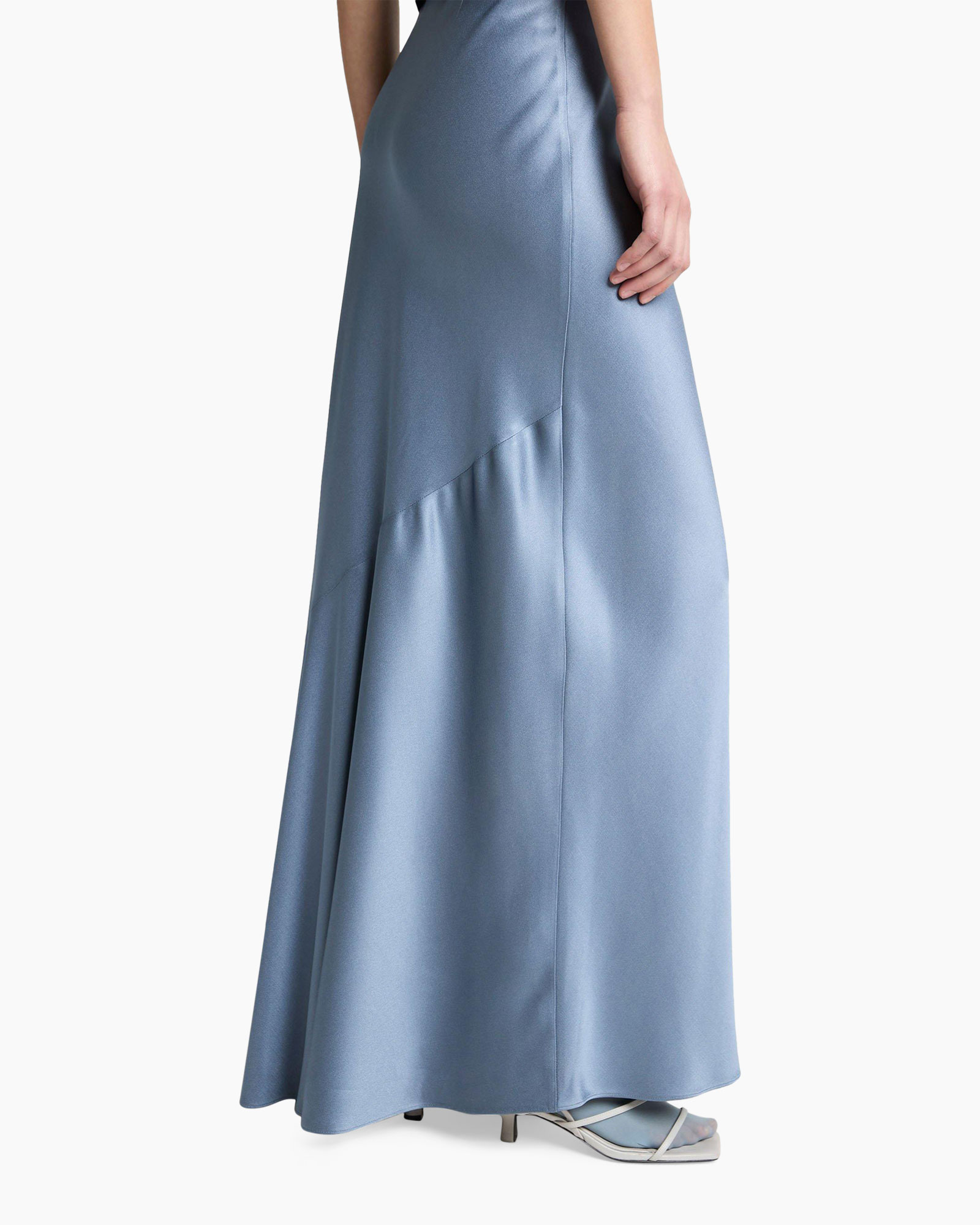 evening gown, floor-length, satin, slit, light blue