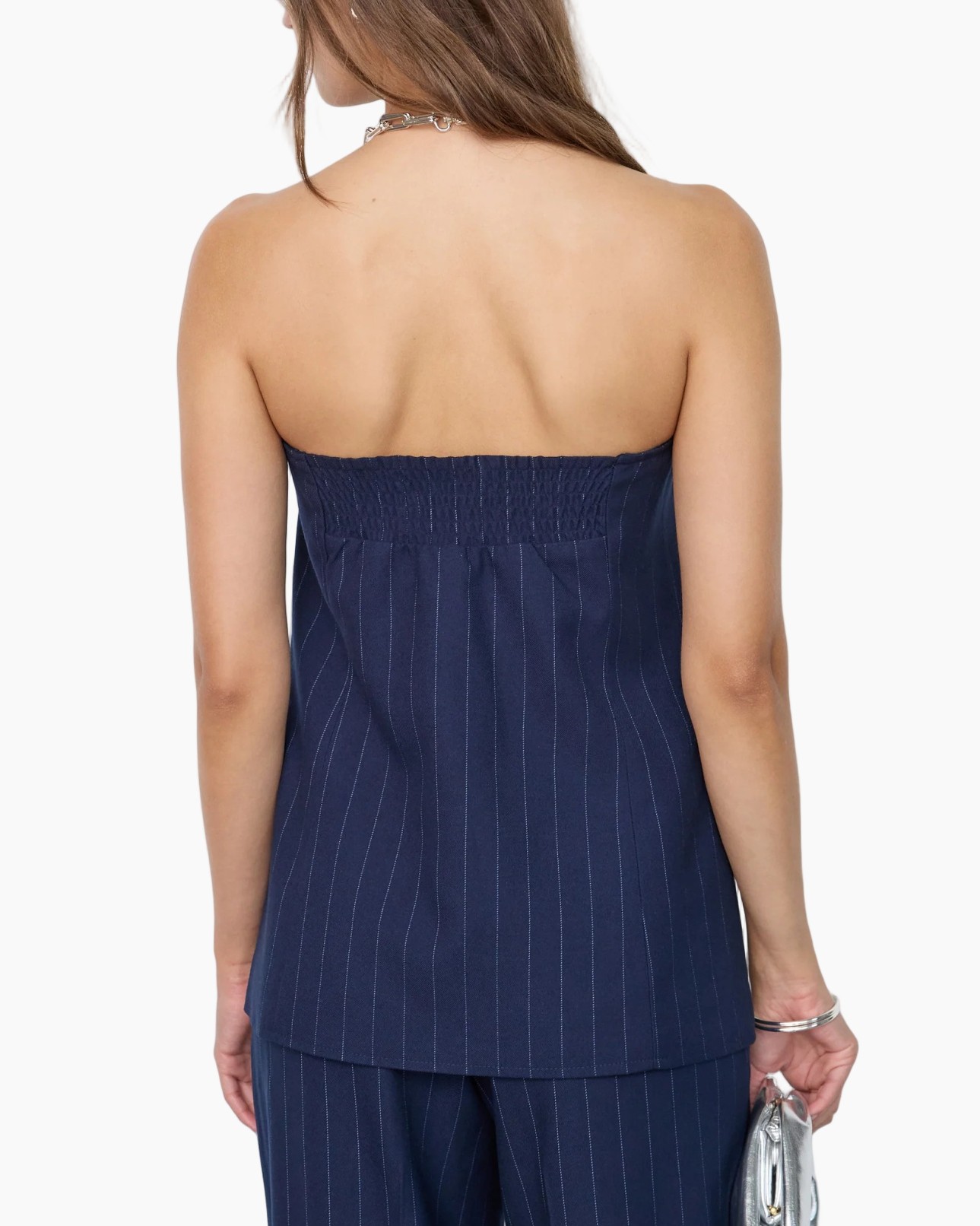 strapless gilet, marineblauw, krijtstreep, knopen aan voorkant, klepzakken