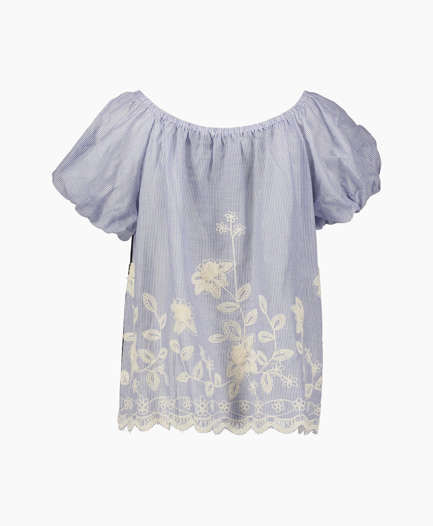 blouse, embroidered, puff sleeves, paars gestreept, kant zoomer hem