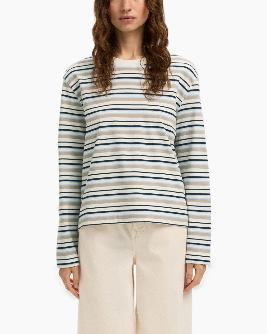 striped top, long sleeve, crew neck, knit, beige blue white