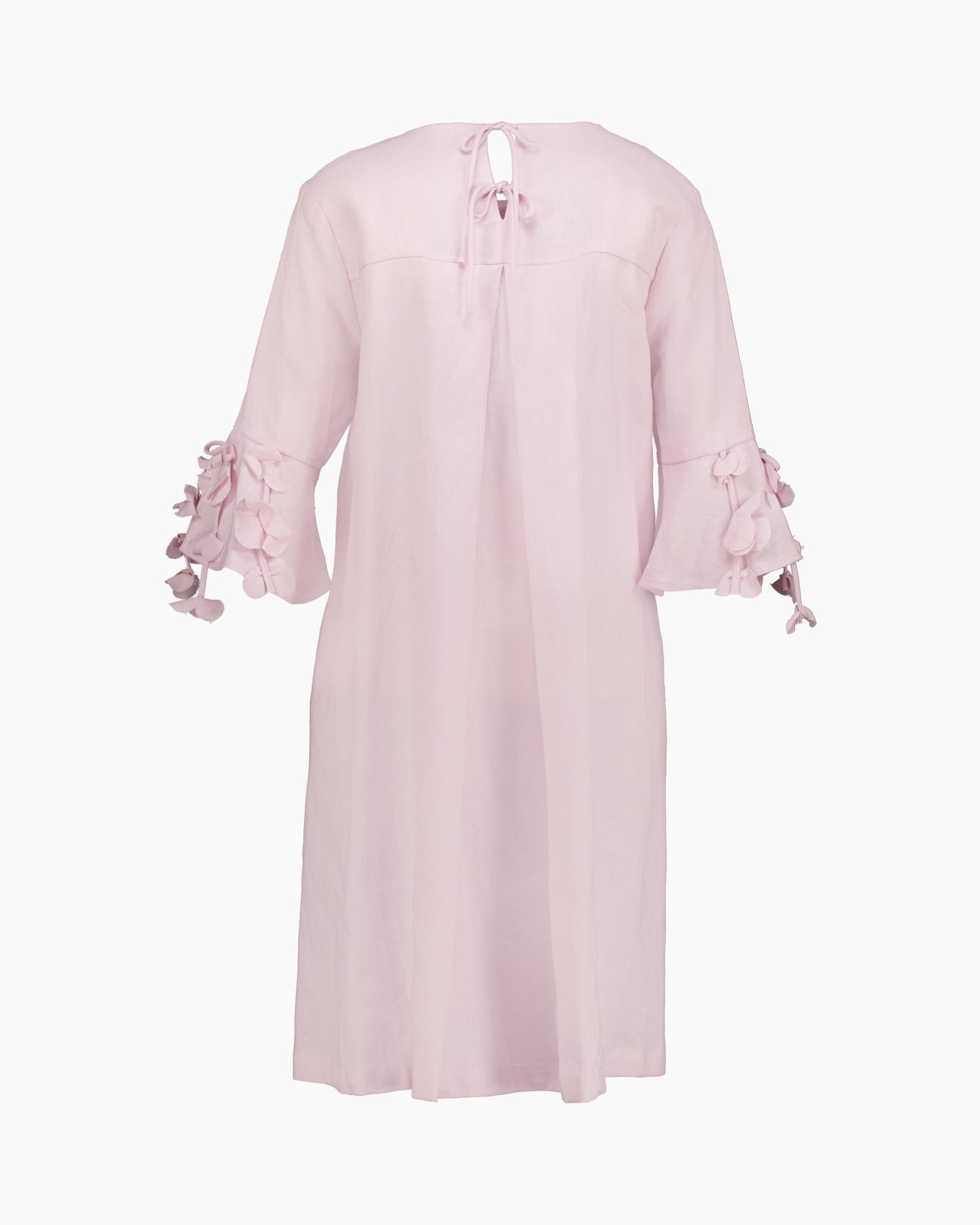jurk, linnen, roze, knielang, franjes-sleeves