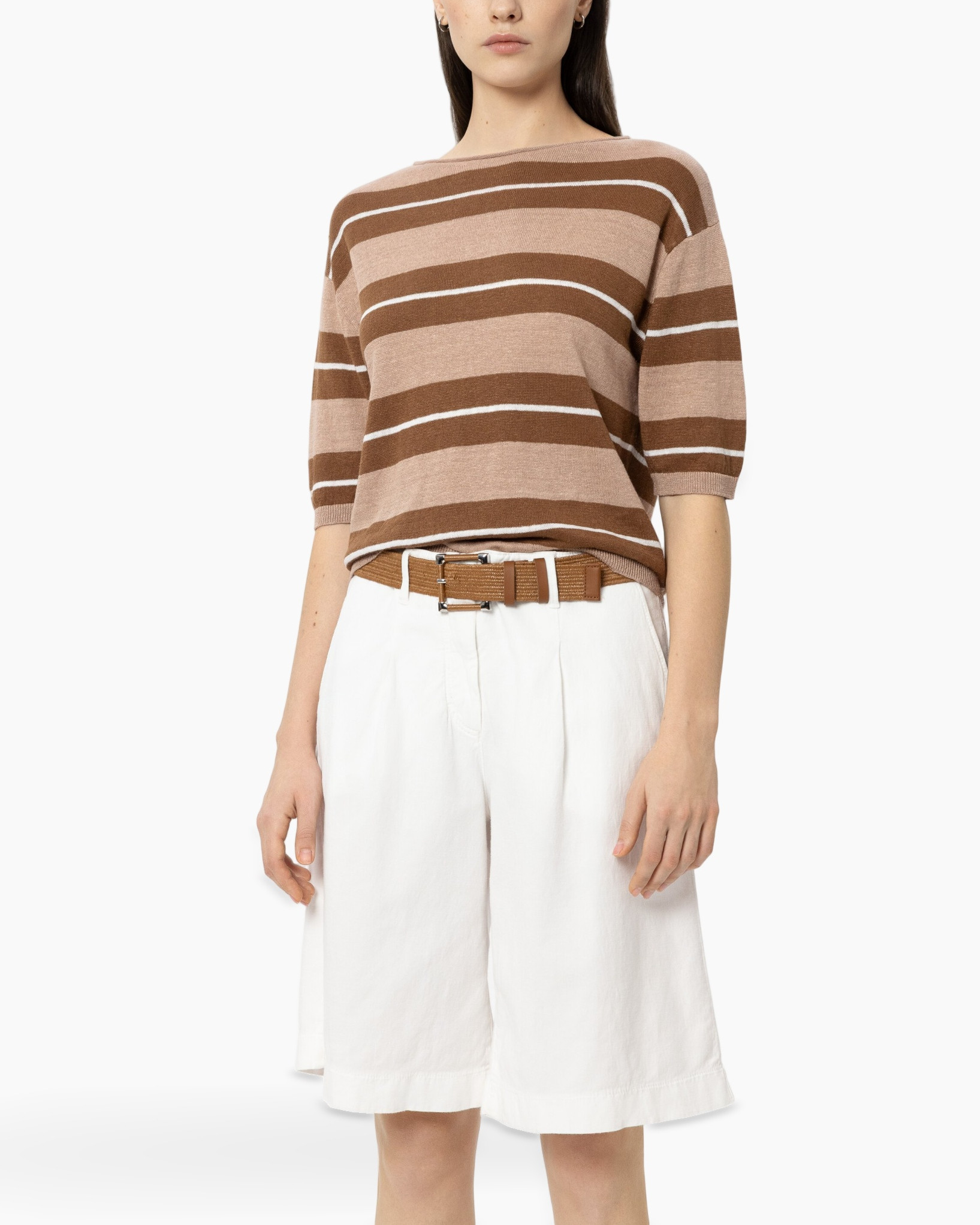 striped top, crew neck, short sleeves, brown beige, knit top